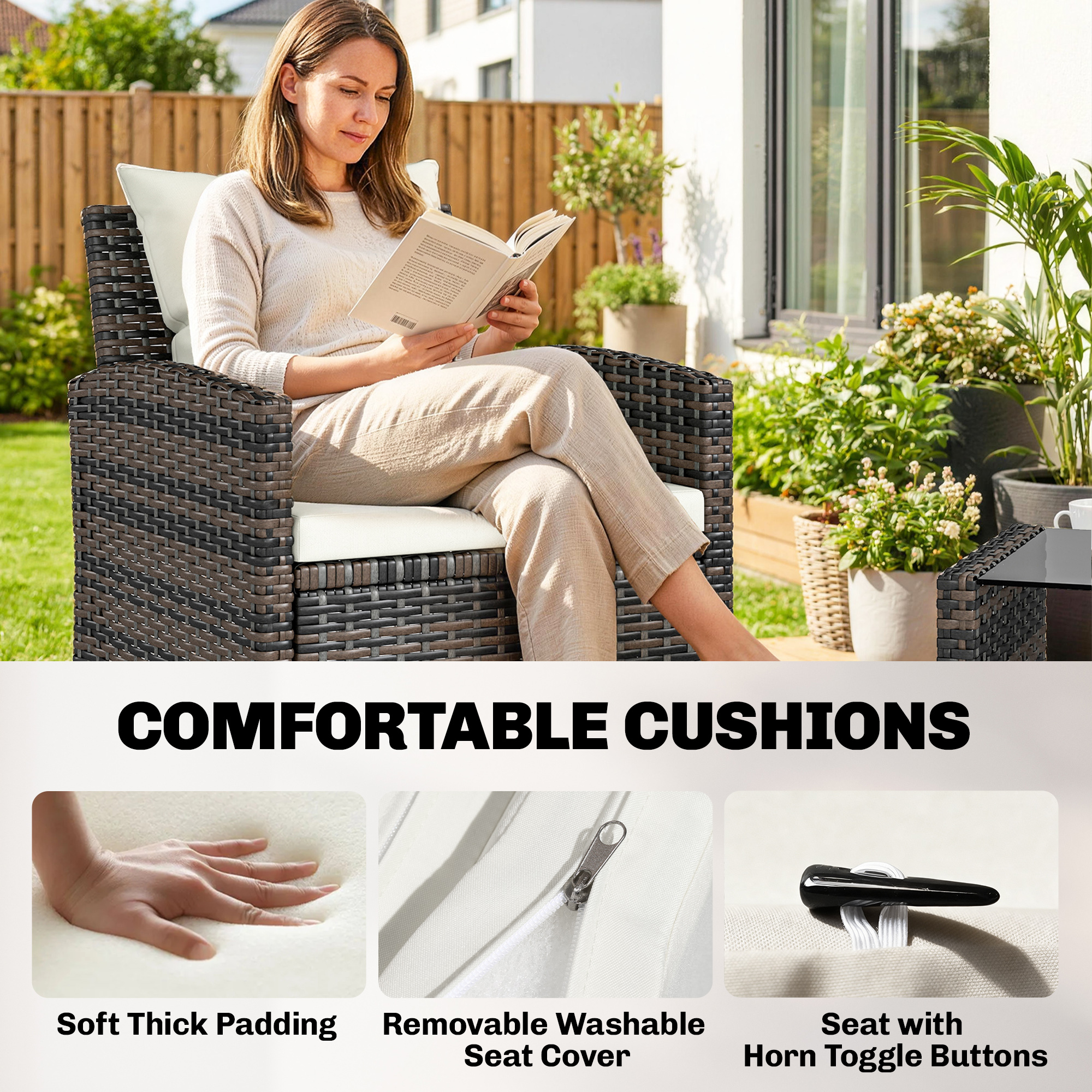 4-Piece Outdoor Wicker Patio Furniture Conversation Set, Includes Loveseat, Chairs and 2-Tier Table with Cushions, Modern Rattan Sofa Set for Backyard, Beige - Image 4