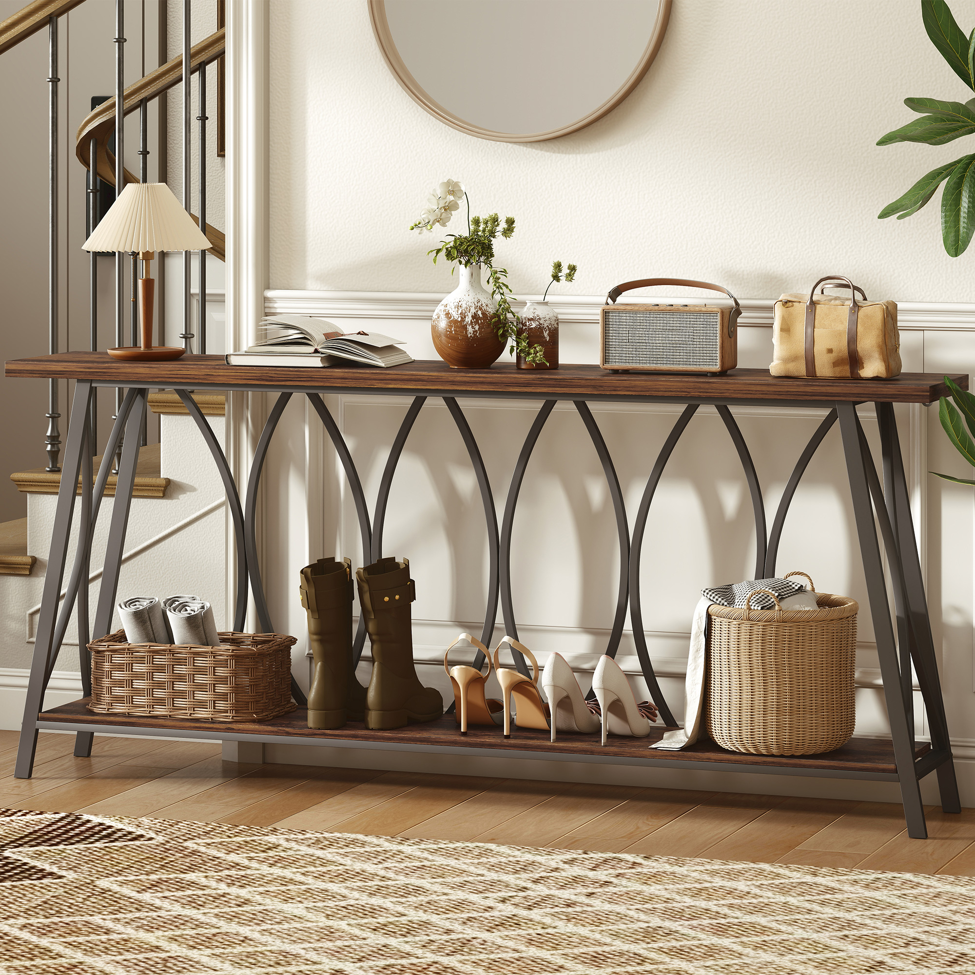 71" Console Table, Industrial 2-Tier Narrow Entryway Table with Metal Frame for Living Room, Hallway, Rustic Brown - Image 6