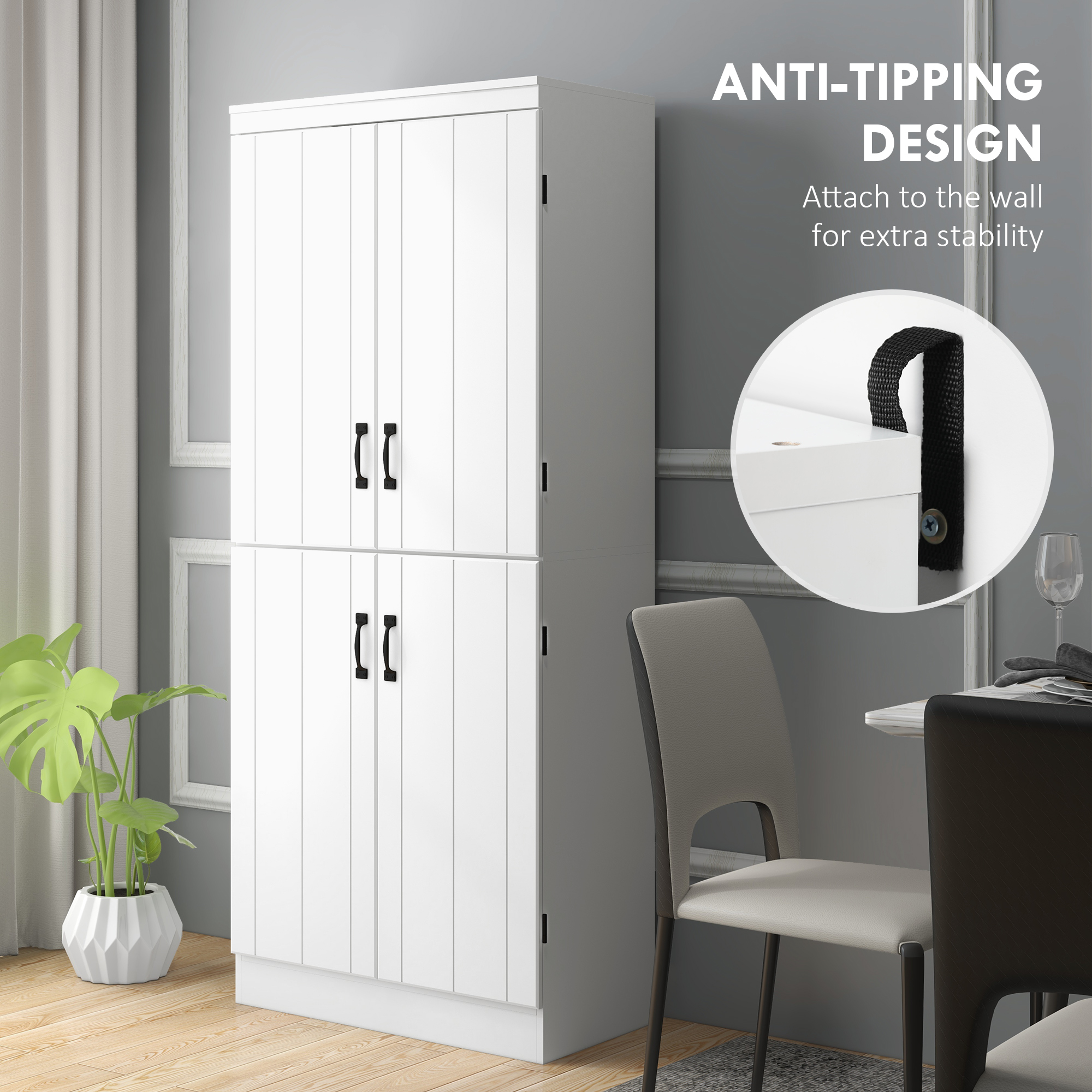 70" 4-Door Storage Cabinet, Freestanding Pantry Cabinet with Adjustable Shelves for Living Room, White - Image 4