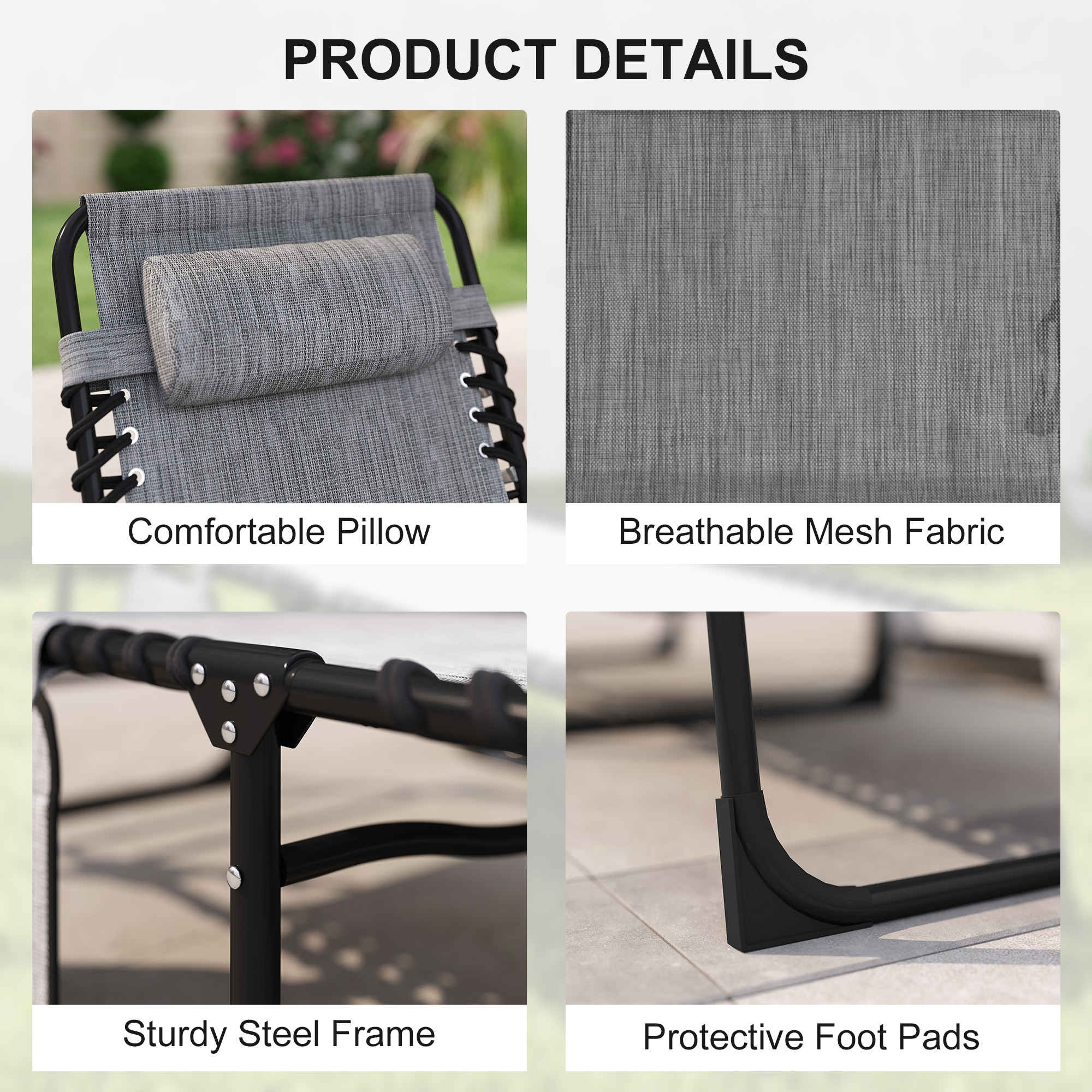 Outdoor Folding Chaise Lounge, Reclining Lounge Chair with Adjustable Backrest and Removable Pillow, Mixed Grey - Image 3