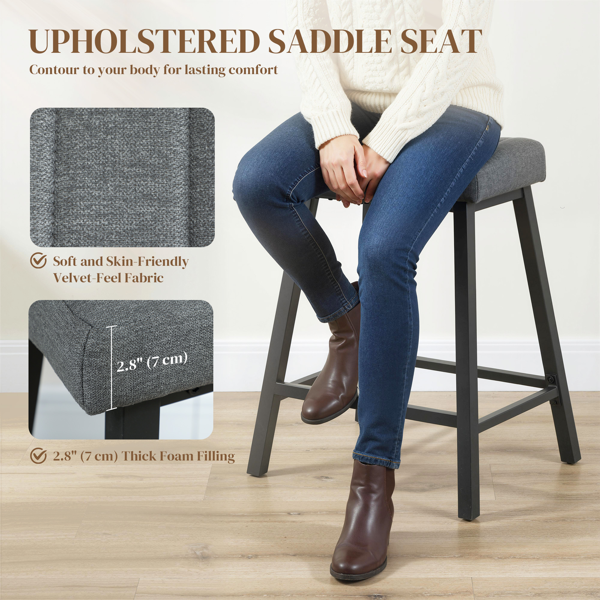 Set of 3 Bar Stools, Velvet Upholstered Counter Stools with Curved Seat and Footrest for Kitchen Island, Grey - Image 2
