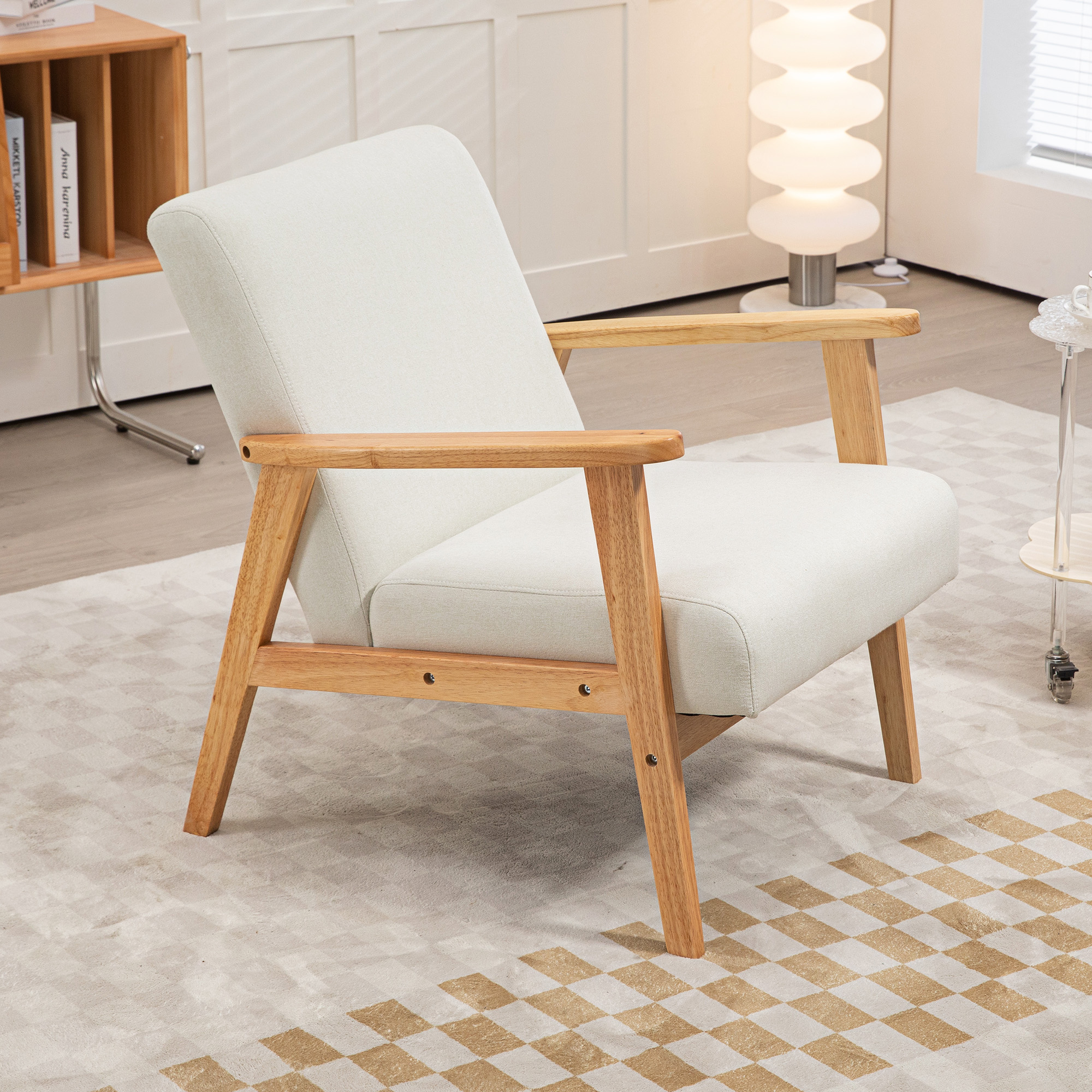 Mid-Century Modern Accent Chair Retro Fabric Armchair Wooden Arm Upholstered Lounge Chair for Living Room Cream White - Image 5
