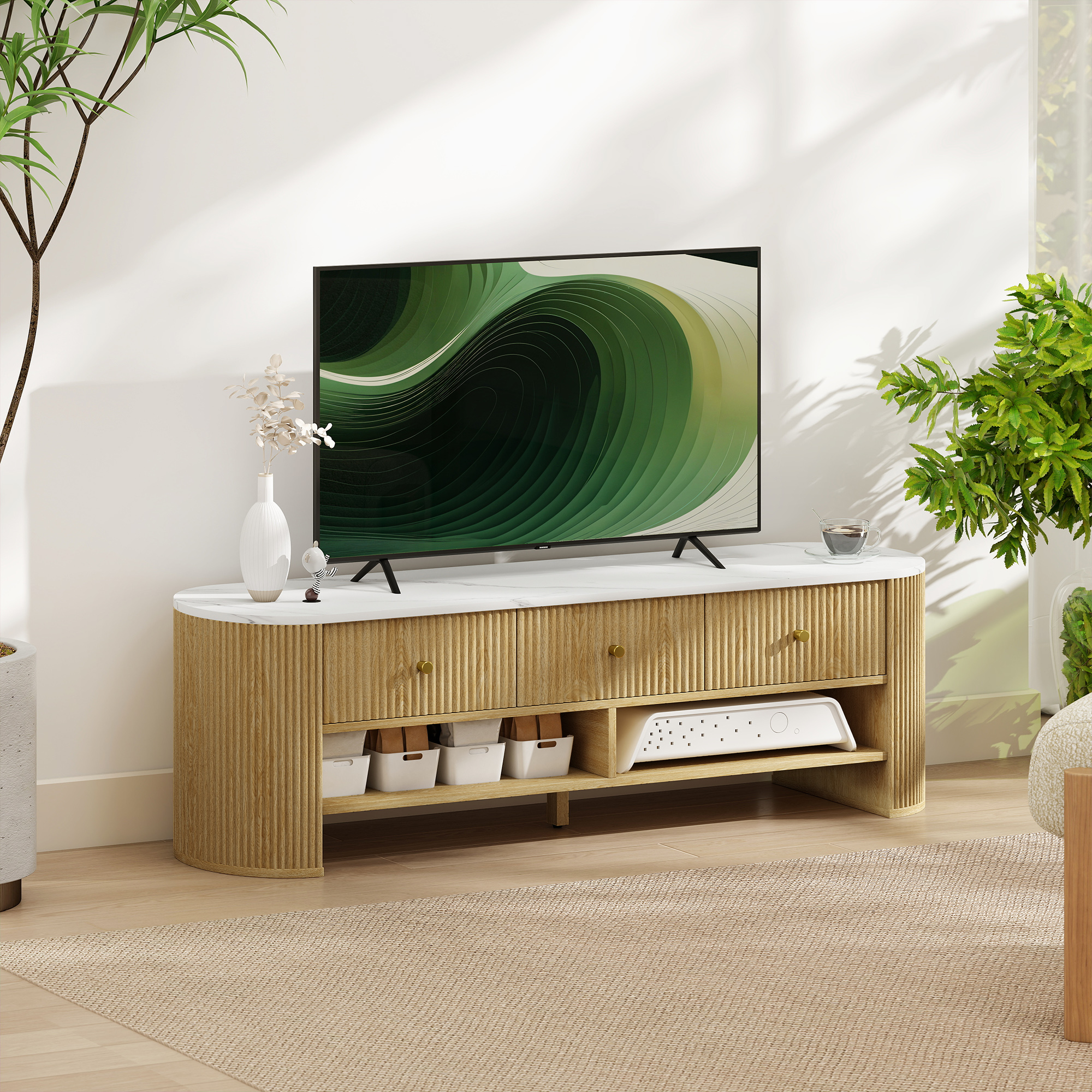 TV Stand, Modern TV Table with Marble-Effect Top, 3 Drawers and 2 Open Shelves for 32-65 Inch Television, Natural - Image 6