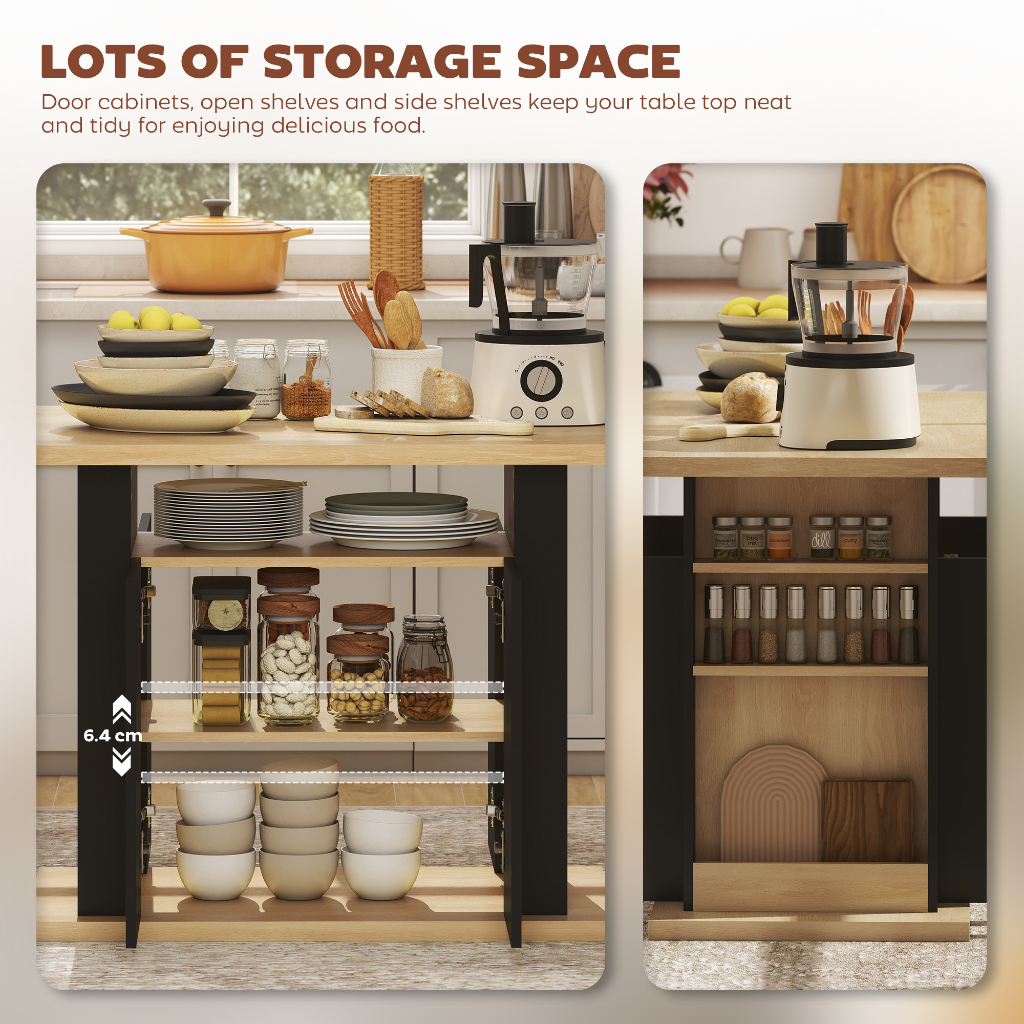 Kitchen Island Dining Table with Storage Cabinet, Large Tabletop for 4 People, 4-Door Cupboard & Shelves, Black - Image 4