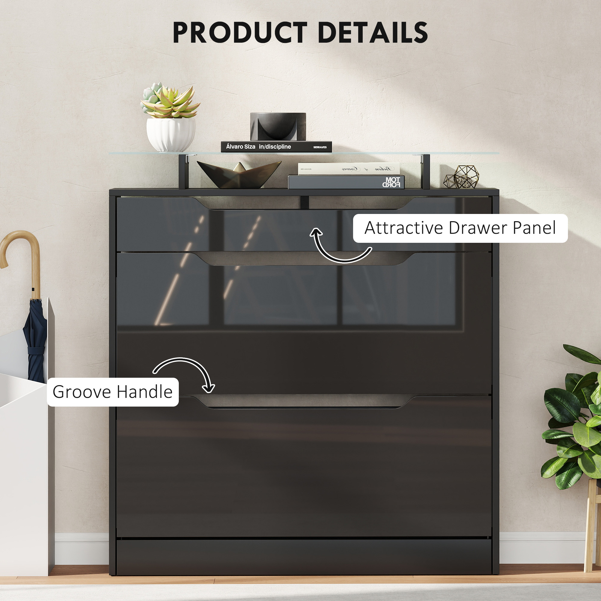 High Gloss Shoe Cabinet with 2 Flip Drawers and Adjustable Shelves, Narrow Shoe Storage Cabinet with Glass Top, Black - Image 4