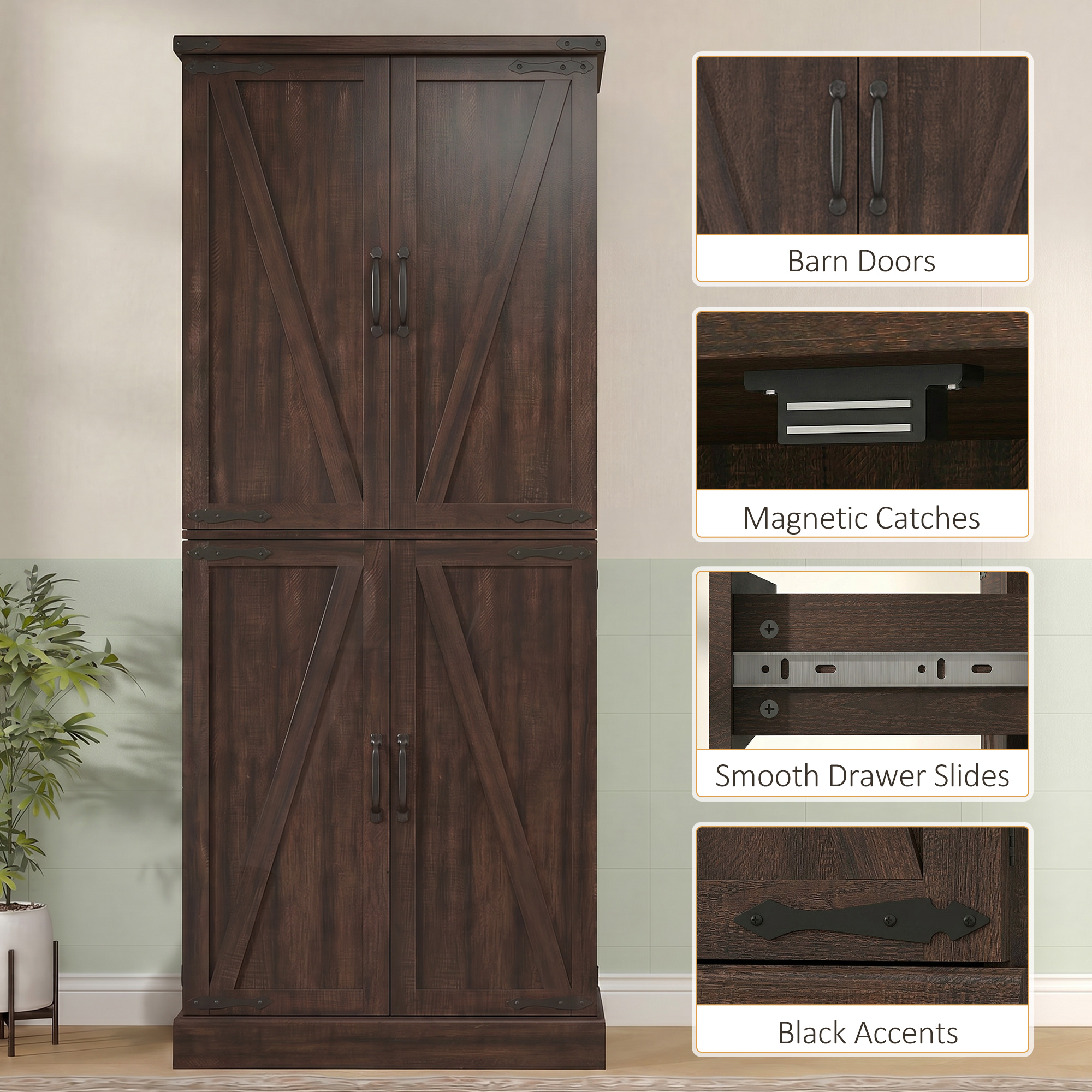 72" Tall Kitchen Pantry Cabinet, Farmhouse Storage Cabinet with 8 Door Racks and Adjustable Shelves, Distressed Brown - Image 4
