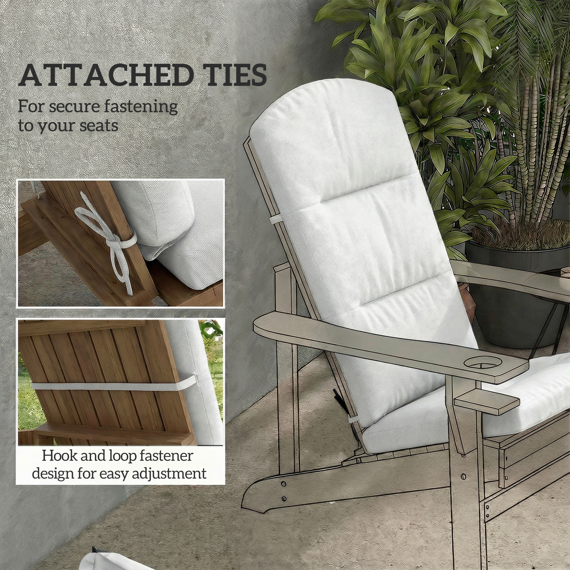 Patio Chair Cushion for Adirondack Chairs Replacement Cushion with Back and Ties, Light Grey - Image 4