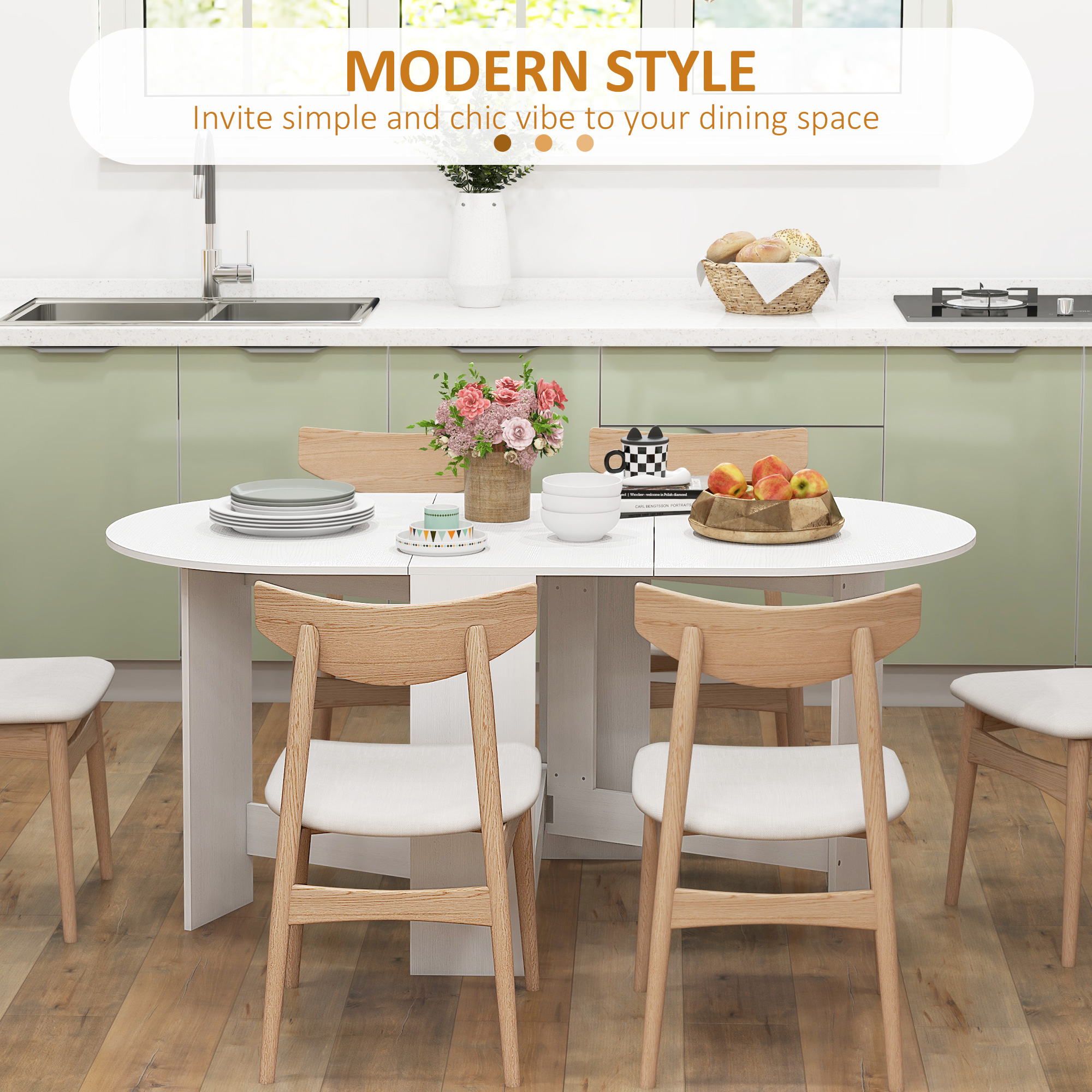 Oval Folding Dining Table, Space Saving Drop Leaf Kitchen Table for Dining Room, Living Room, Distressed White - Image 3