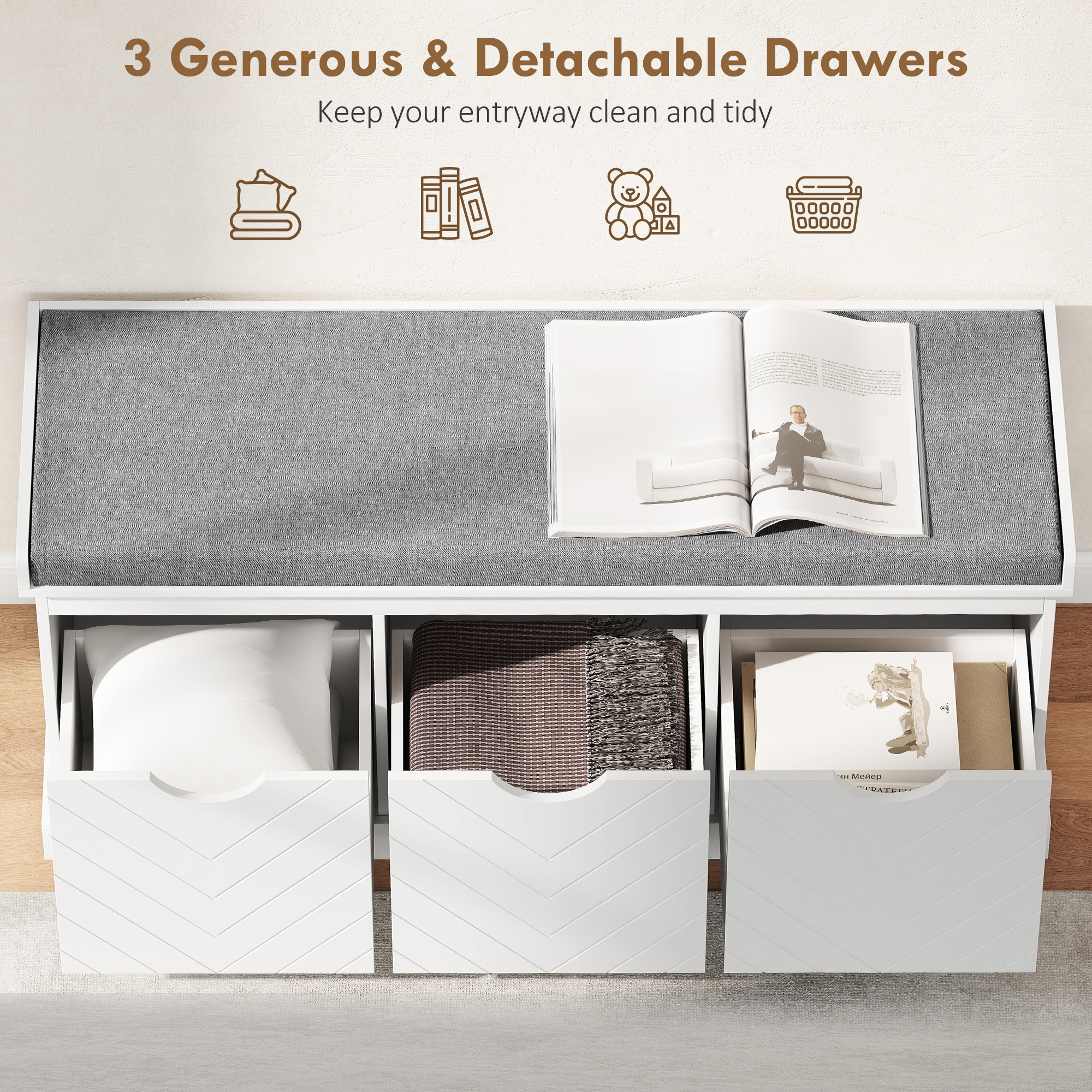 Shoe Storage Bench, Linen-Look Entryway Bench with 3 Removable Drawers and Padded Seat Cushion for Hallway, White - Image 3