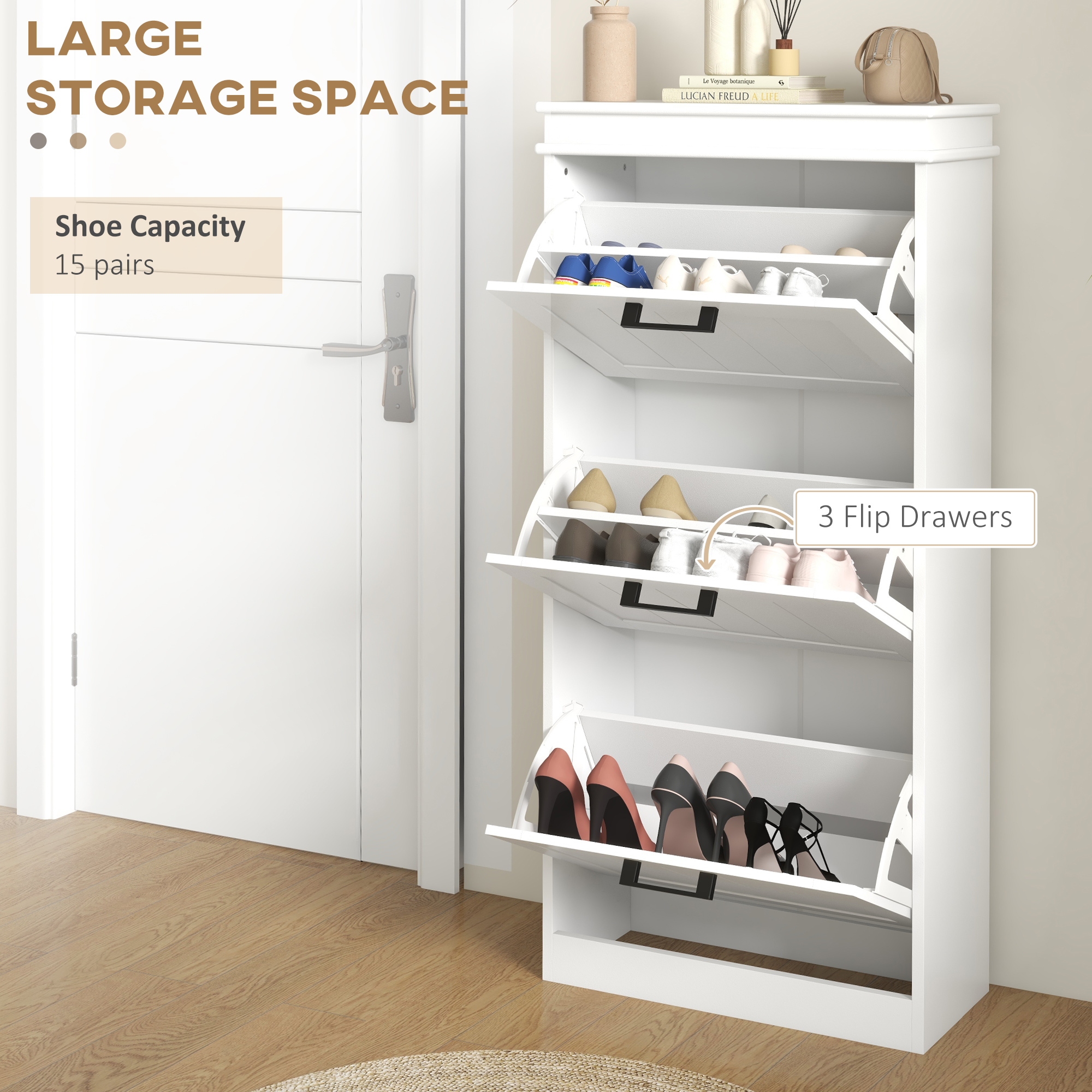 Slim Shoe Cabinet with 3 Flip Drawers and Adjustable Shelves, Narrow Shoe Cabinet for 15 Pairs of Shoes, White - Image 2
