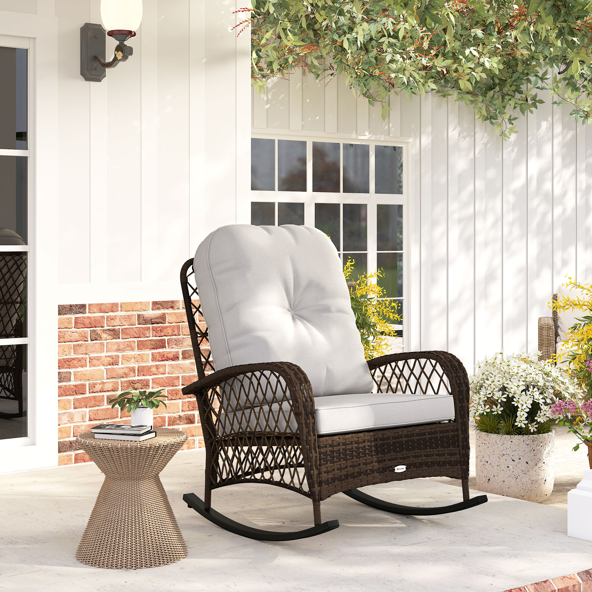 Outdoor Wicker Rattan Rocking Chair Patio Rocker with Thick Cushions for Garden Backyard Porch, Light Mixed Brown - Image 6