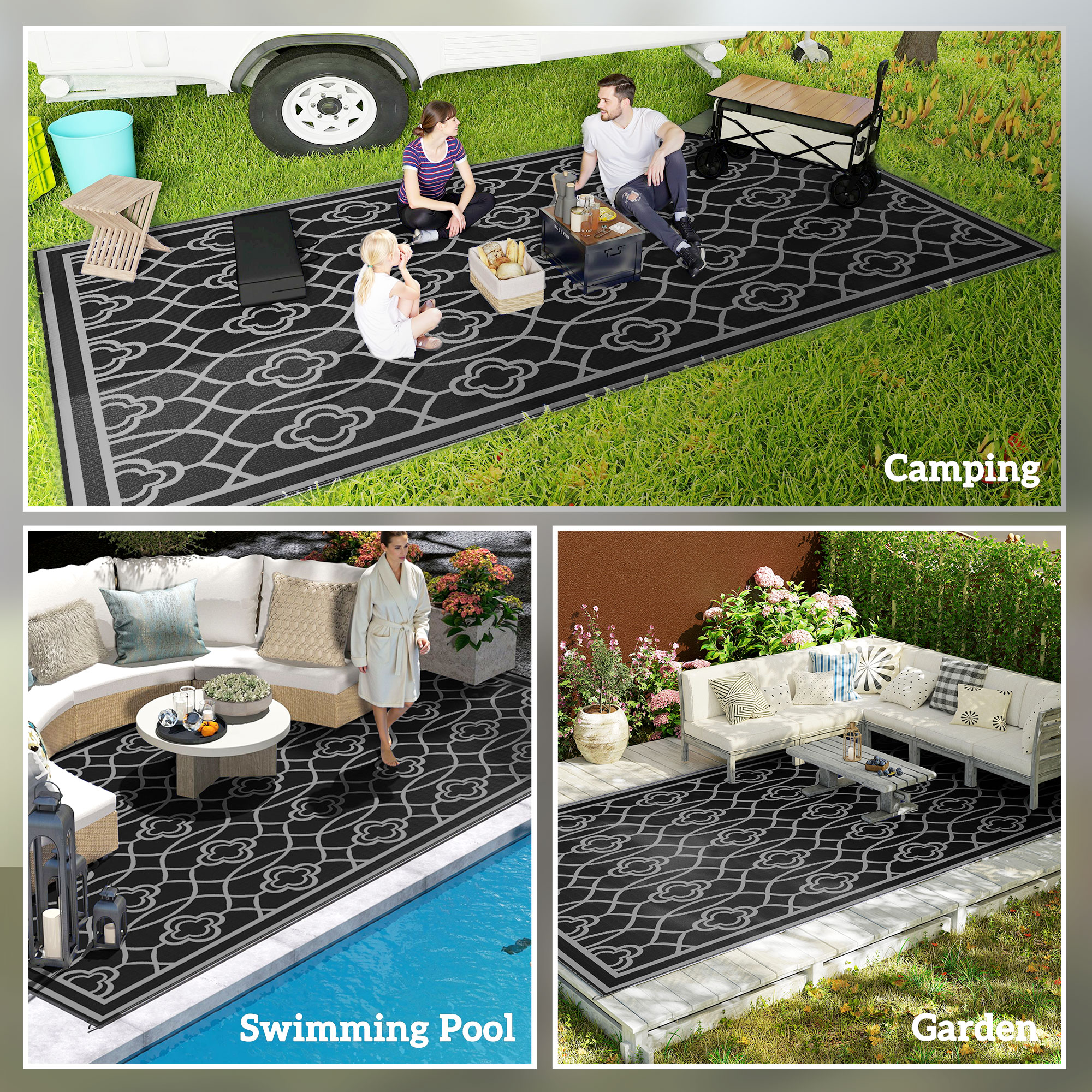9' x 18' Outdoor RV Rug, Reversible Patio Floor Mat with Carry Bag, Lantern, Black and Grey - Image 3