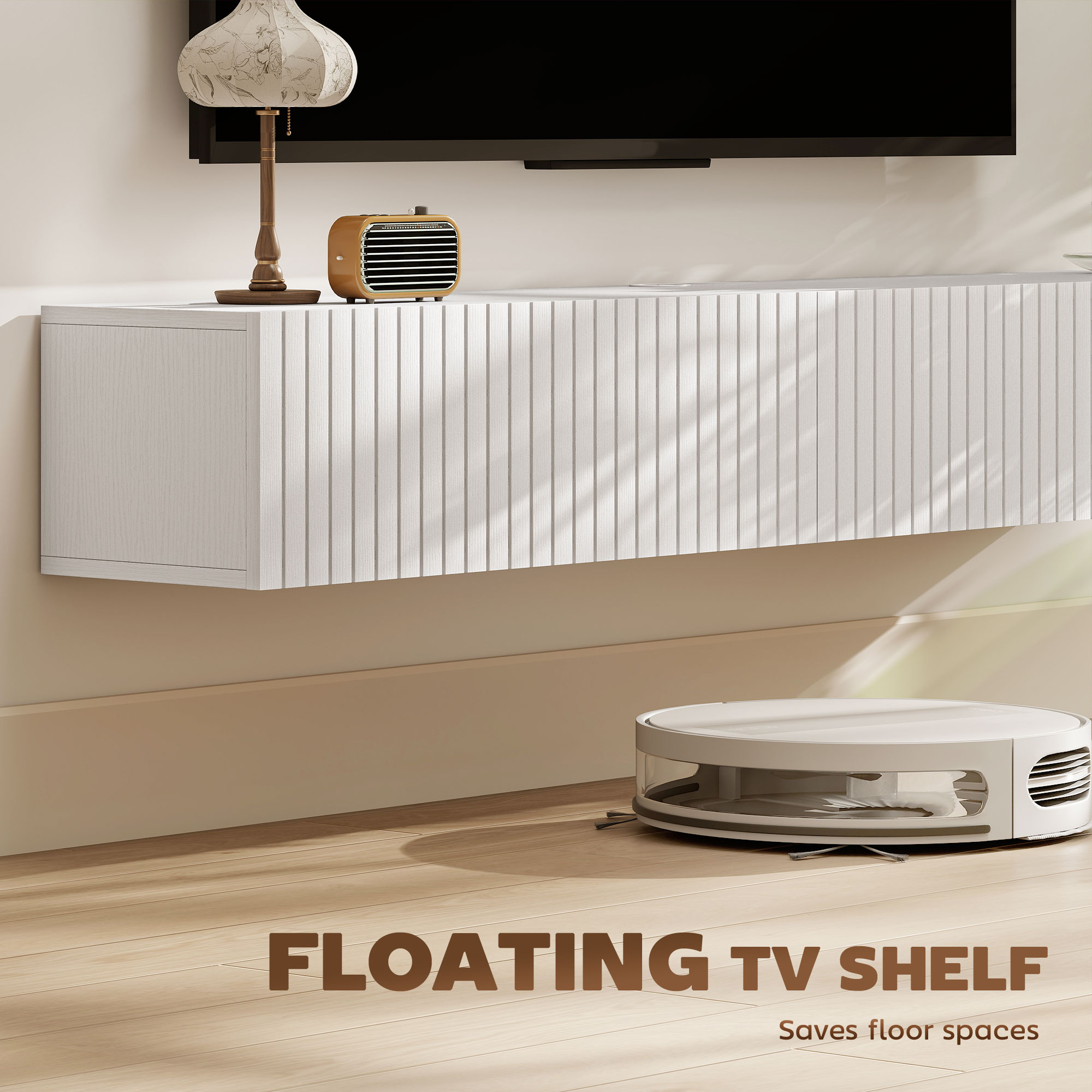 55" Floating TV Stand for TVs up to 72 Inch, Wall Mount Media Console with 2 Fluted Flip-Down Doors, Cable Hole, White - Image 2