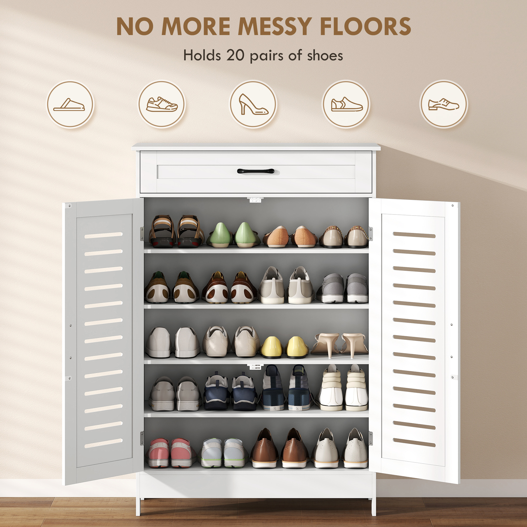 Shoe Cabinet with Louvered Doors, Modern Shoe Storage Cabinet with Drawer and Adjustable Shelves, White - Image 2
