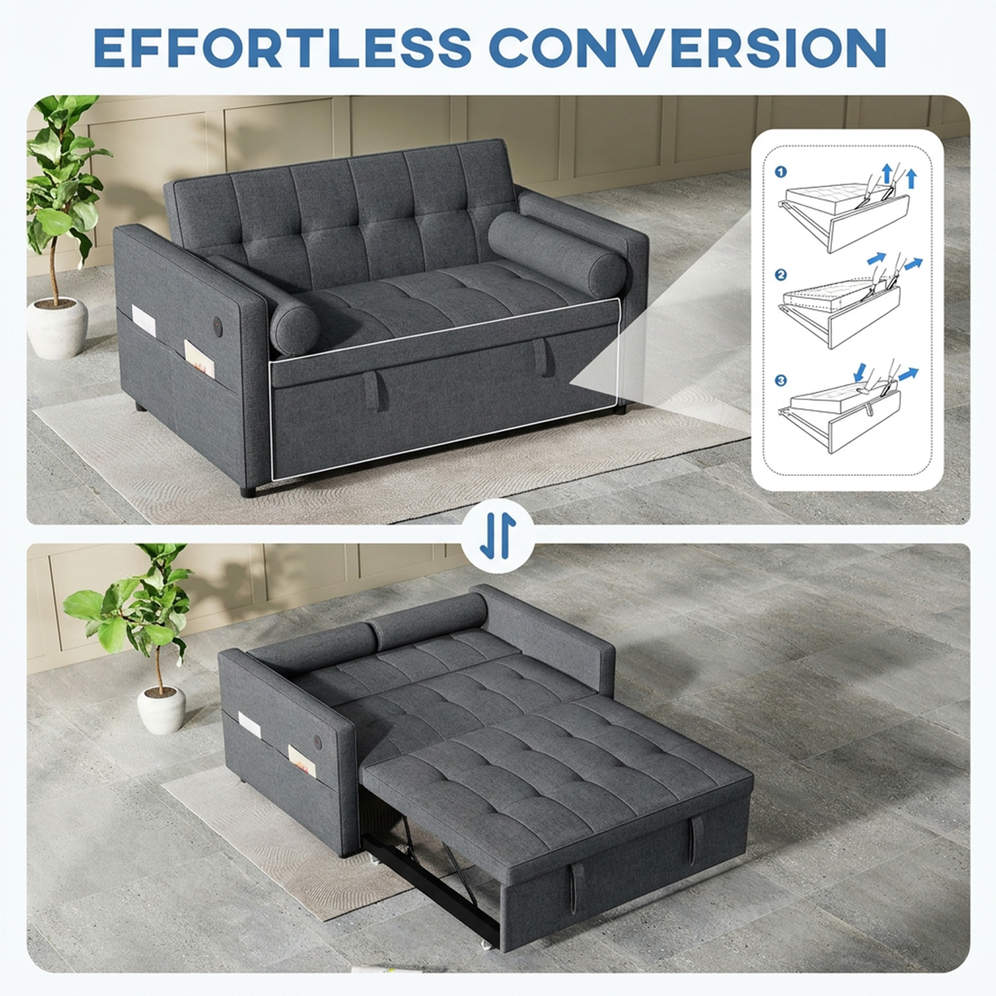 Pull Out Sofa Bed, Sleeper Sofa Couch with USB Ports, Small Linen Loveseat Futon Couch for Living Room, Dark Grey - Image 2
