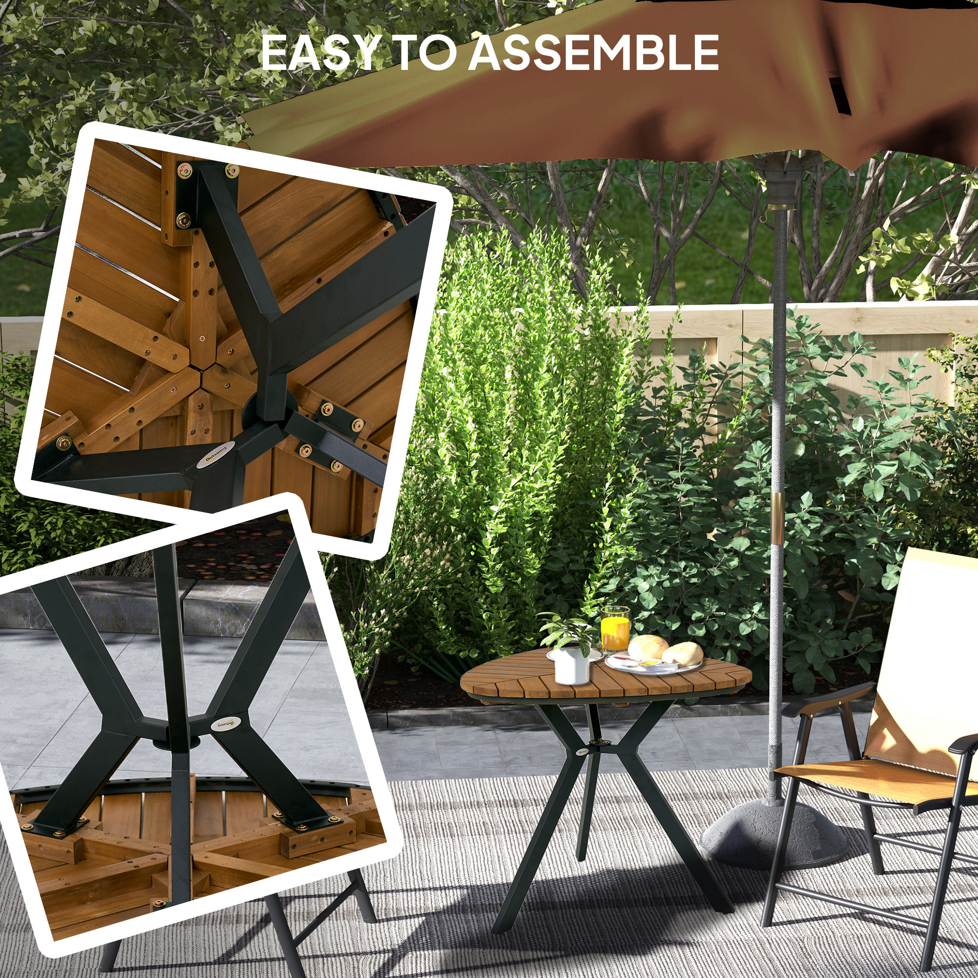 35.4" Outdoor Dining Table with Slatted Acacia Wood Leaf Tabletop, Patio Table with Steel Legs for Garden, Yard, Teak - Image 5