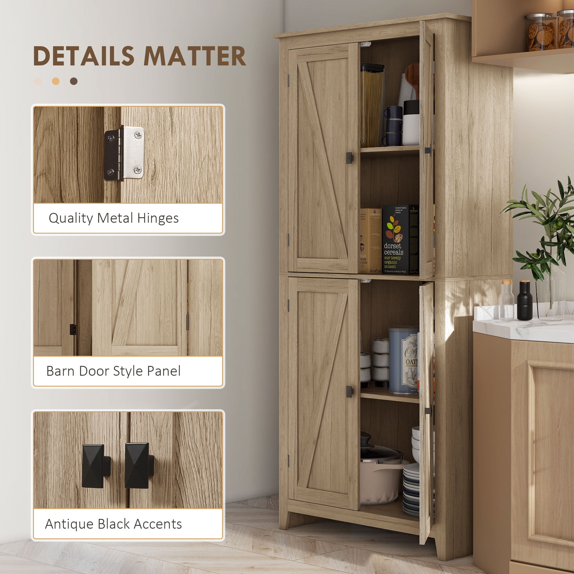 72" Freestanding Storage Cabinet, Kitchen Pantry Cabinet with Doors and Shelves for Dining Room, Natural - Image 5