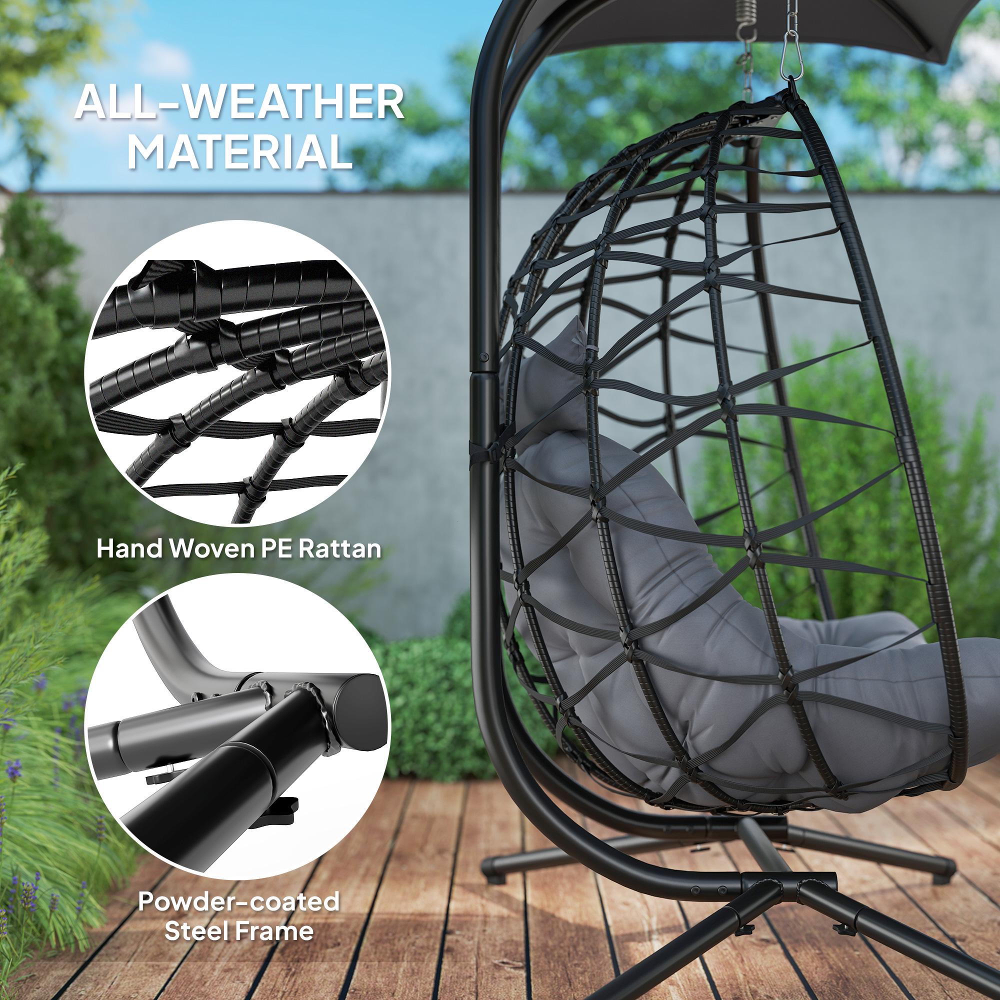 Double Wicker Egg Swing Chair with Canopy, Foldable Hanging Egg Chair with Stand Cushion Headrest, Black - Image 4