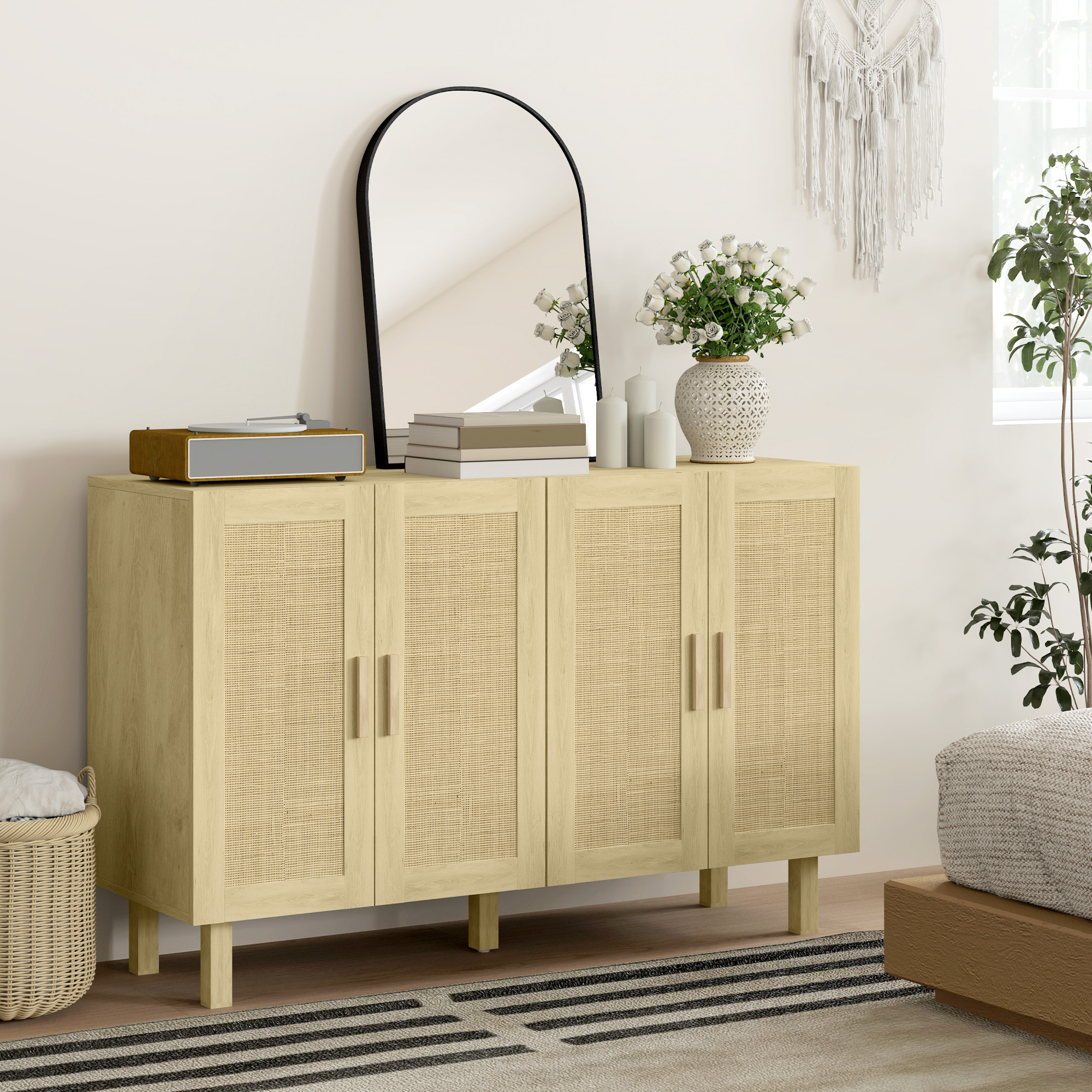 Boho Sideboard Buffet Cabinet, Storage Cabinet with 4 Rattan Doors and Adjustable Shelves, Natural - Image 6