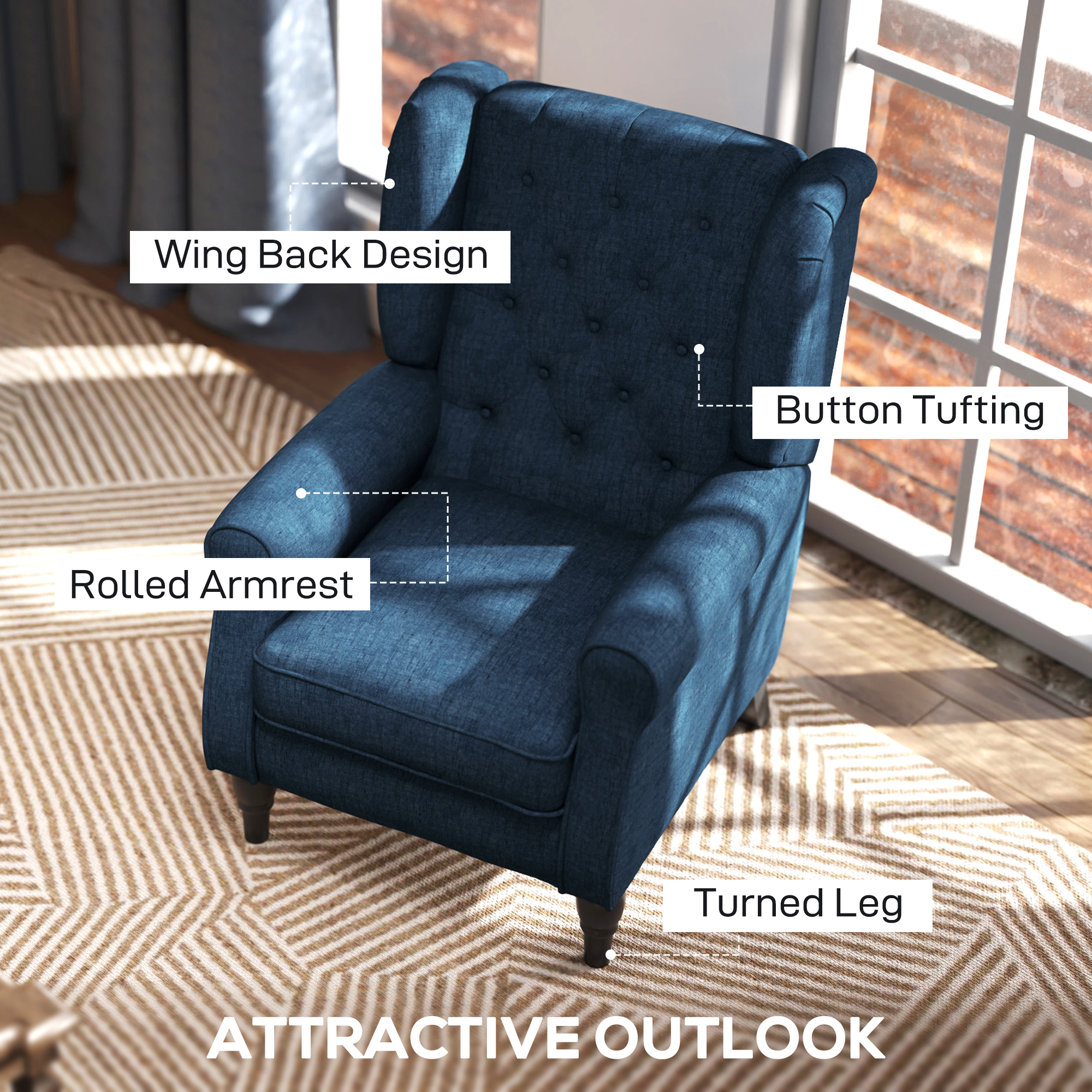 Button Tufted Accent Chair for Living Room - Upholstered Wingback with Wood Legs, Rolled Arms, Thick Padding, Blue - Image 2
