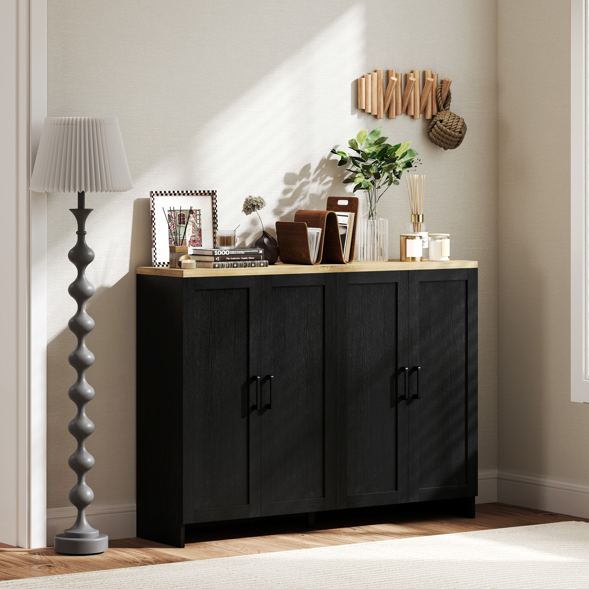 Modern Sideboard Buffet Cabinet, Modern Kitchen Storage Cabinet with 4 Doors Adjustable Shelves, for Dining Room, Black - Image 6