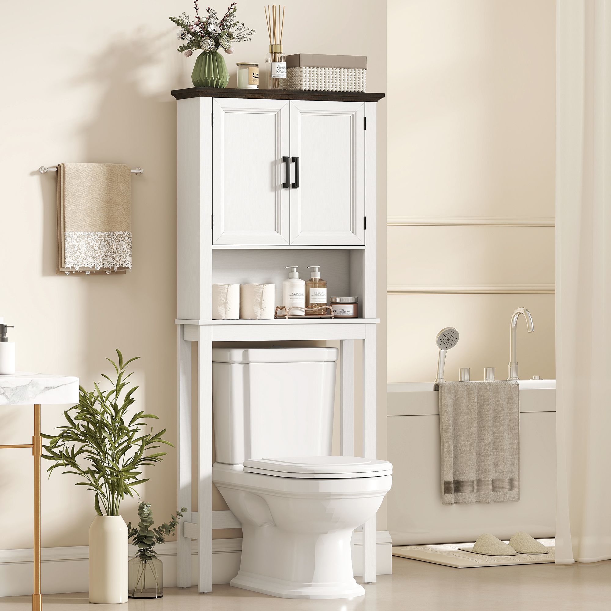 Over The Toilet Storage, Bathroom Cabinet Over Toilet with Open Shelf and Adjustable Bottom Bar, White - Image 6