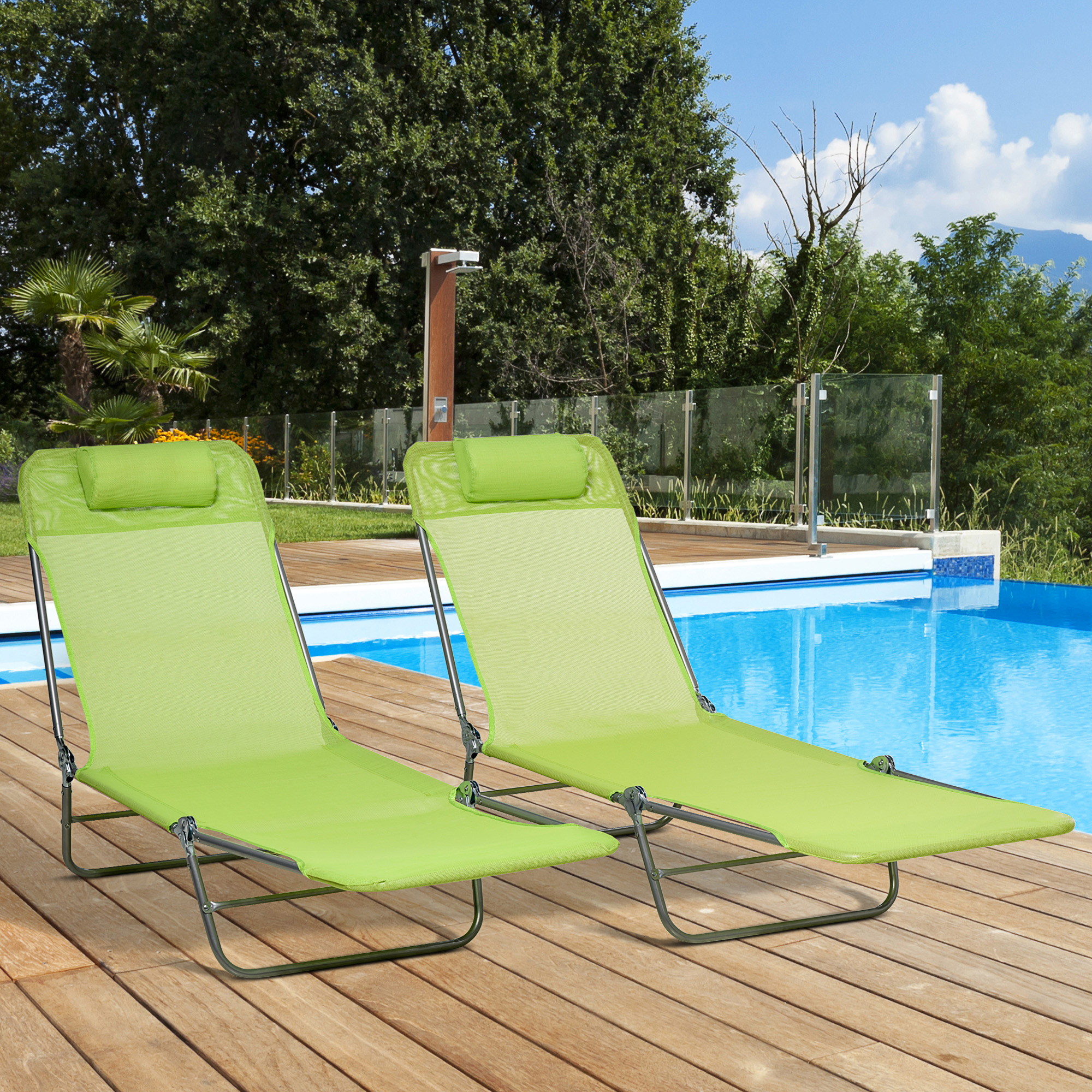 Set of 2 Folding Chaise Lounge Chairs, Outdoor Poolside Sun Tanning Chairs w/ Pillow, Reclining Backrest, Green - Image 6