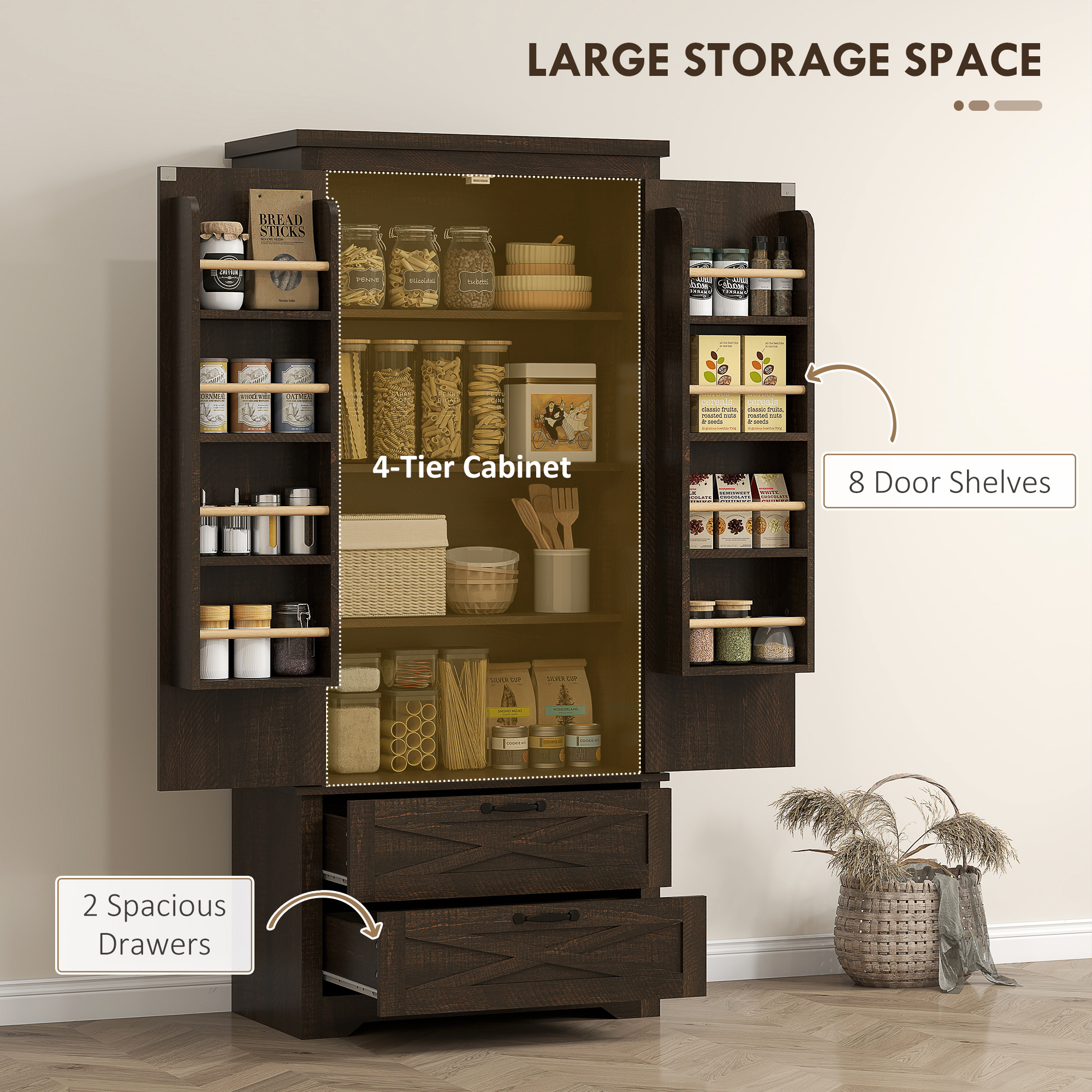 Farmhouse Kitchen Pantry Storage Cabinet, 64" Freestanding Kitchen Pantry Cabinet with Drawers, Distressed Dark Brown - Image 3