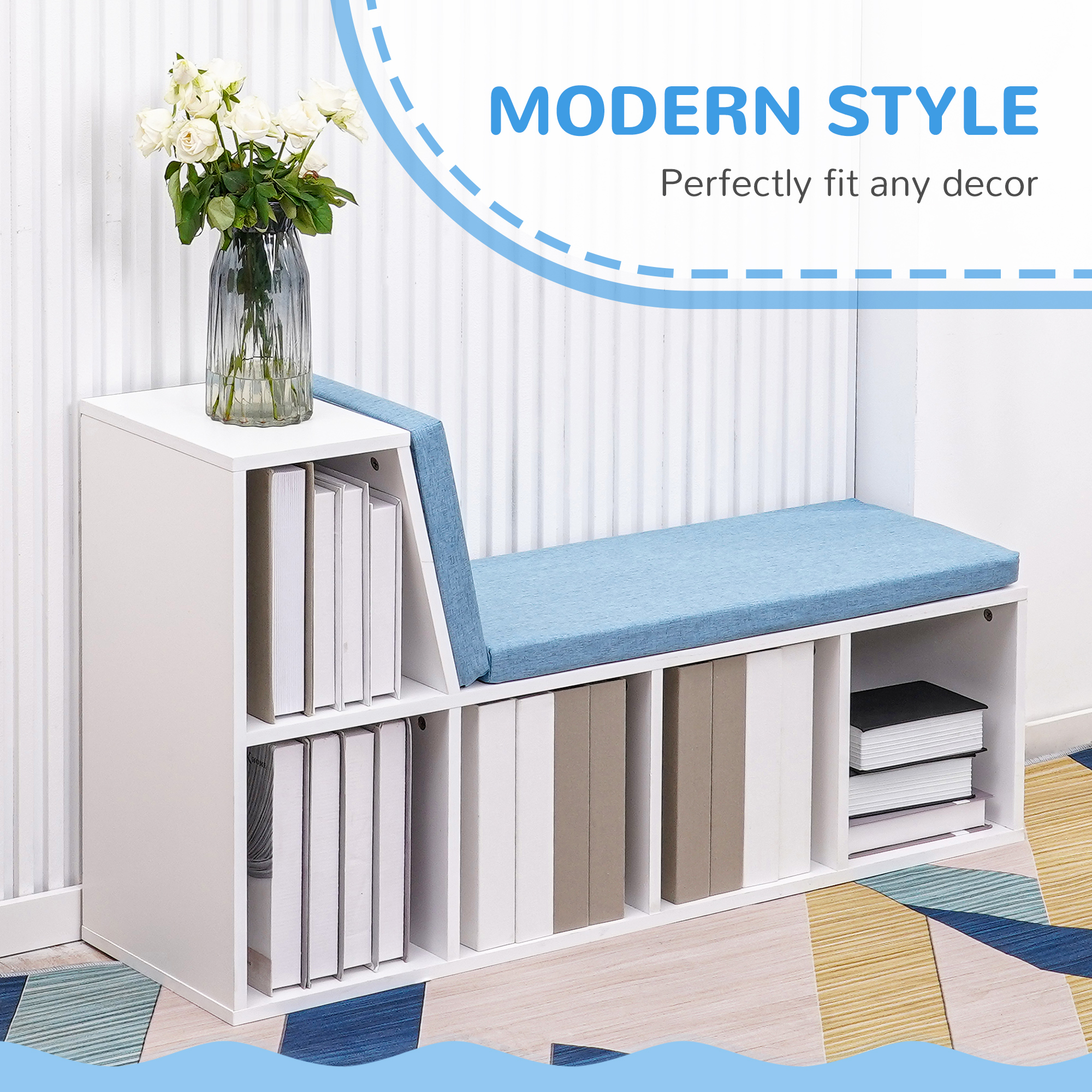 Multi-Purpose Bookshelf with 5 Cubes, 5-Cubby Bookcase with Cushioned Reading Nook and Storage Shelves, Blue - Image 2