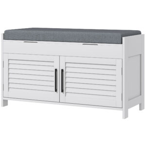 Entryway Bench with Cushion, Hidden Storage, Adjustable Shelves and Shutter Doors, 35.4" Shoe Bench, White