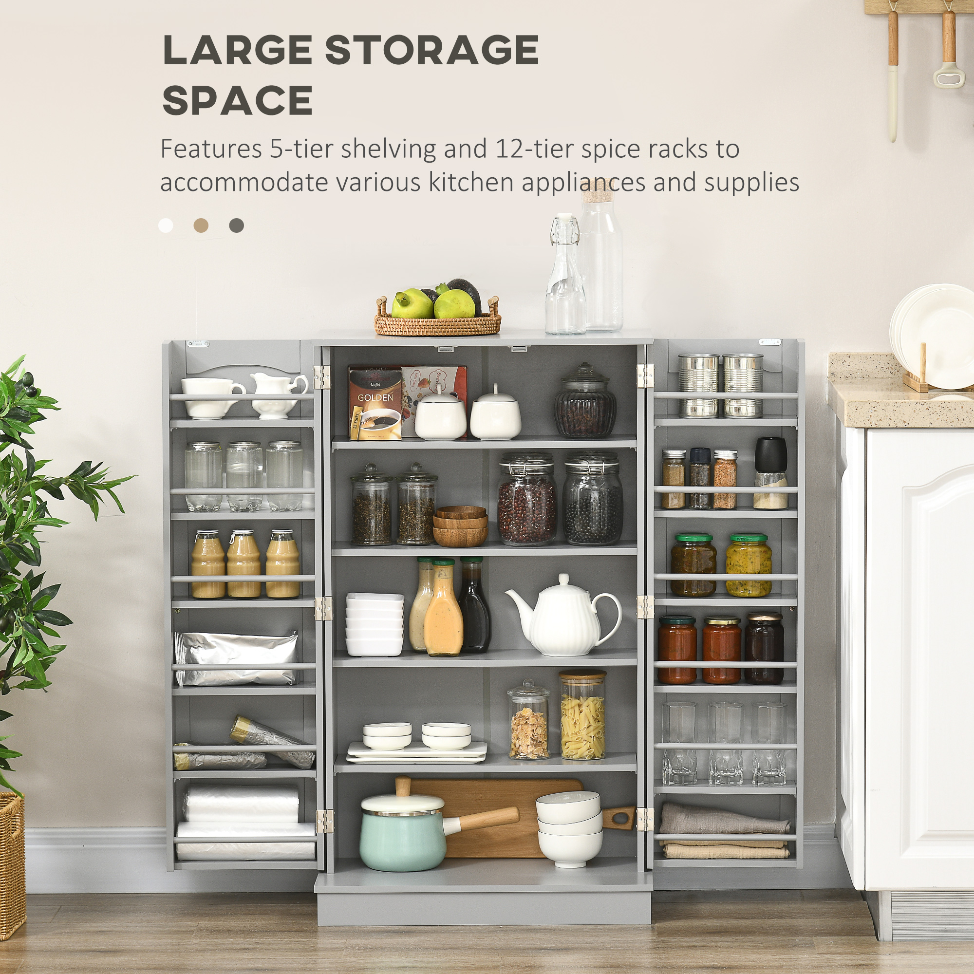 41" Storage Cabinet, 2-Door Kitchen Pantry Cabinet with 5-tier Shelving, 12 Spice Racks and Adjustable Shelves, Grey - Image 2