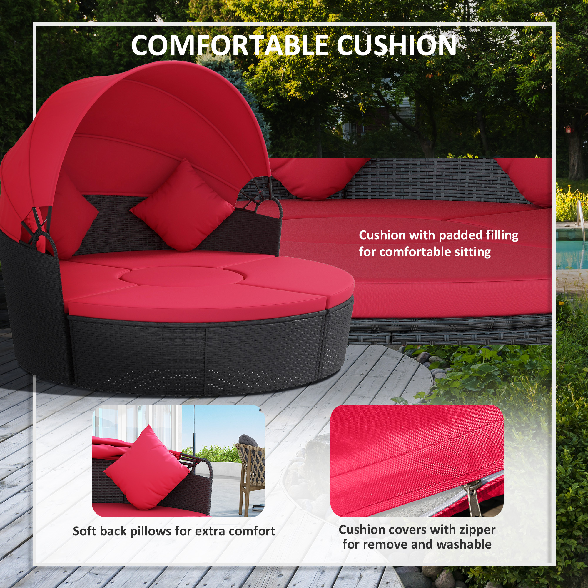 4-piece Round Sofa Bed, Outdoor Daybed with Retractable Canopy, PE Rattan Wicker Patio Lounge Chair - Image 4