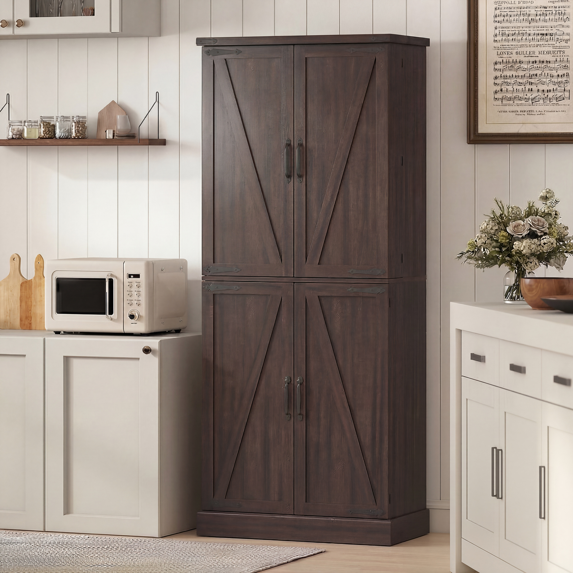 72" Tall Kitchen Pantry Cabinet, Farmhouse Storage Cabinet with 8 Door Racks and Adjustable Shelves, Distressed Brown - Image 5