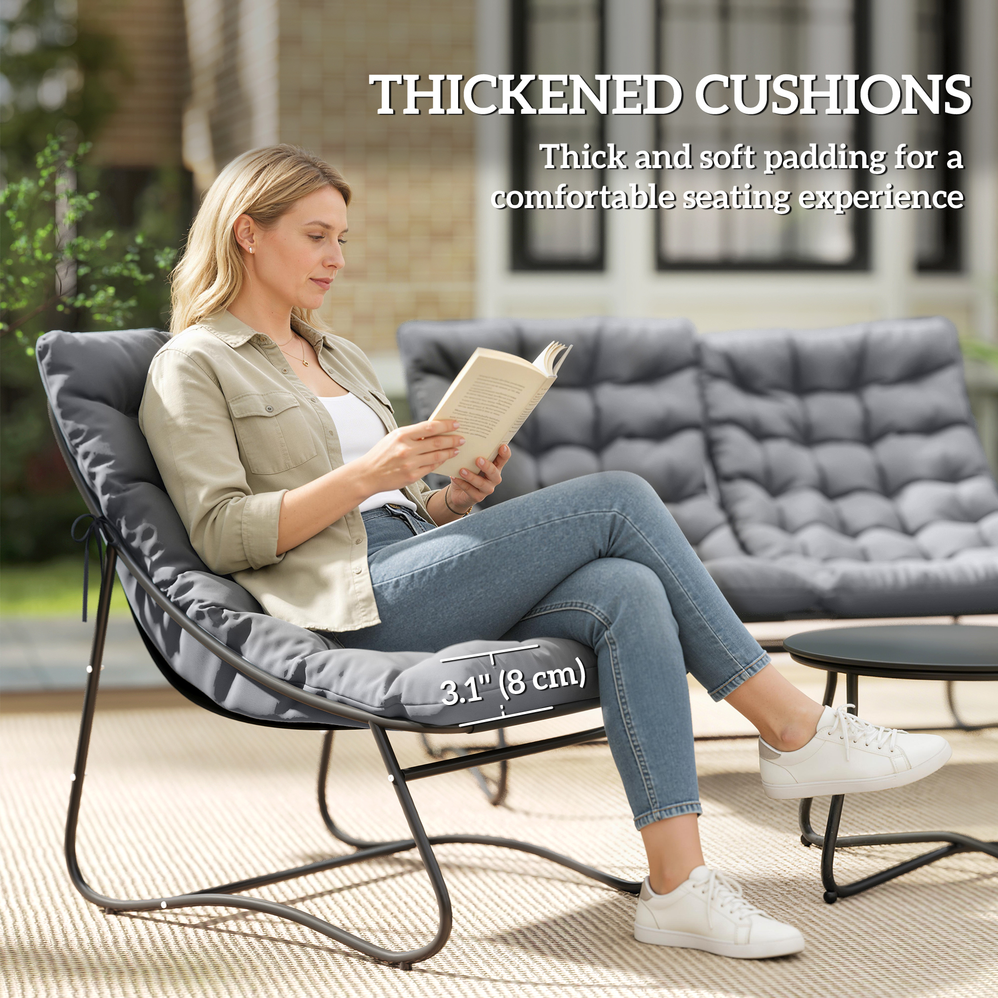 4 Piece Patio Furniture Set, Outdoor Furniture Conversation Set with Loveseat, Chairs Round Metal Table, Cushions, Grey - Image 2