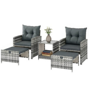 Wicker Patio Chairs with Ottomans, 2-Tier Glass Coffee Table and Cushions, 5 Pcs Patio Furniture Set, Grey