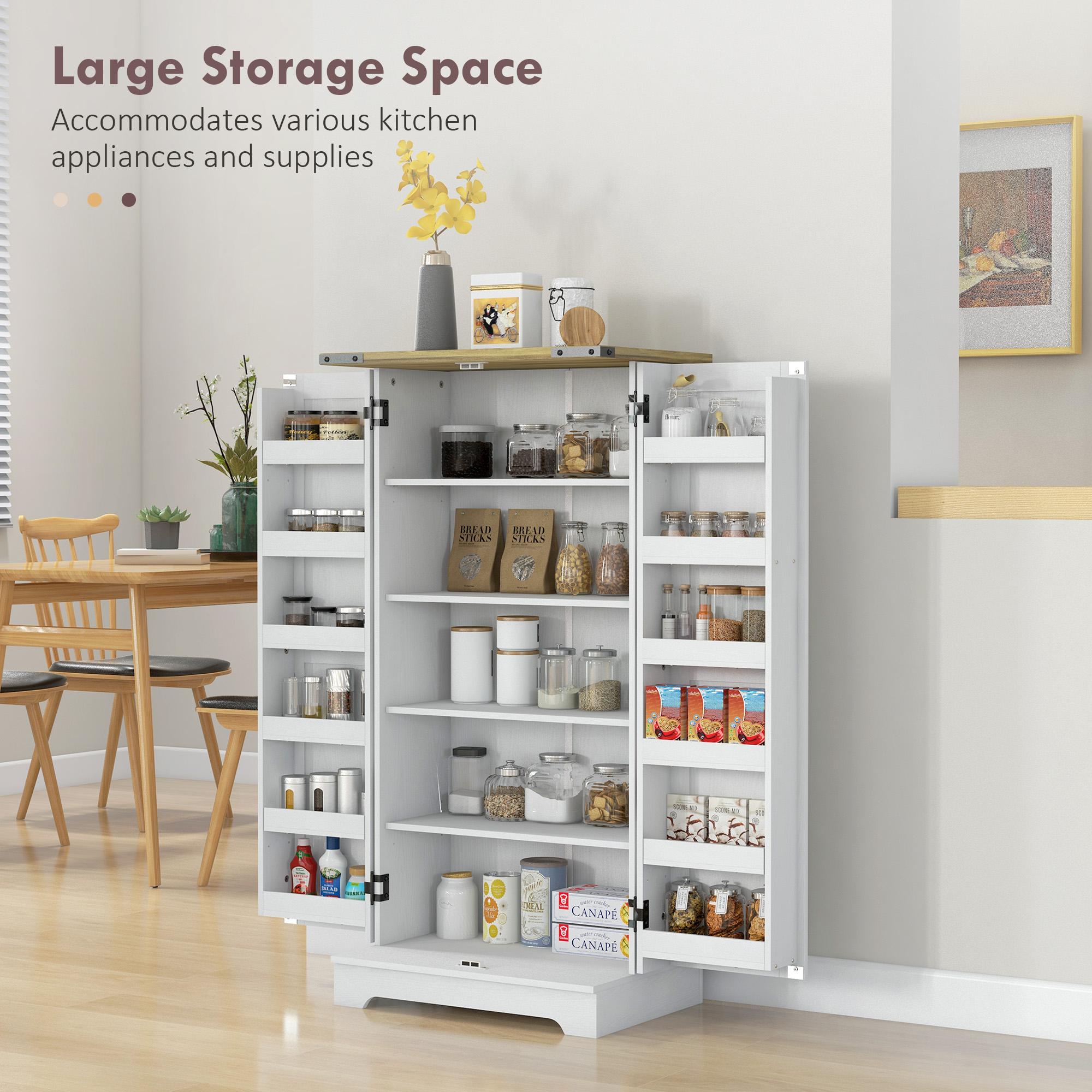 Farmhouse Kitchen Pantry Storage Cabinet, Kitchen Pantry Cabinet with Doors and Adjustable Shelves, Cream White - Image 2