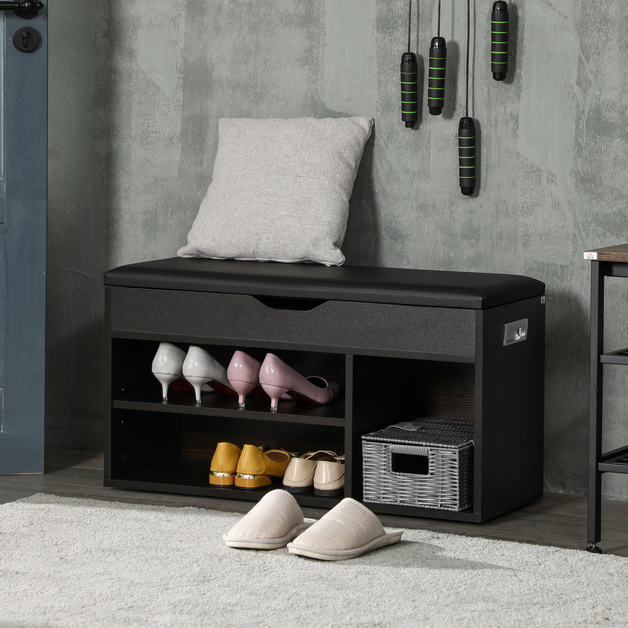Shoe Bench Entryway Storage Rack with Padded Cushion, Hidden Storage for Hallway, Living Room, Black - Image 6