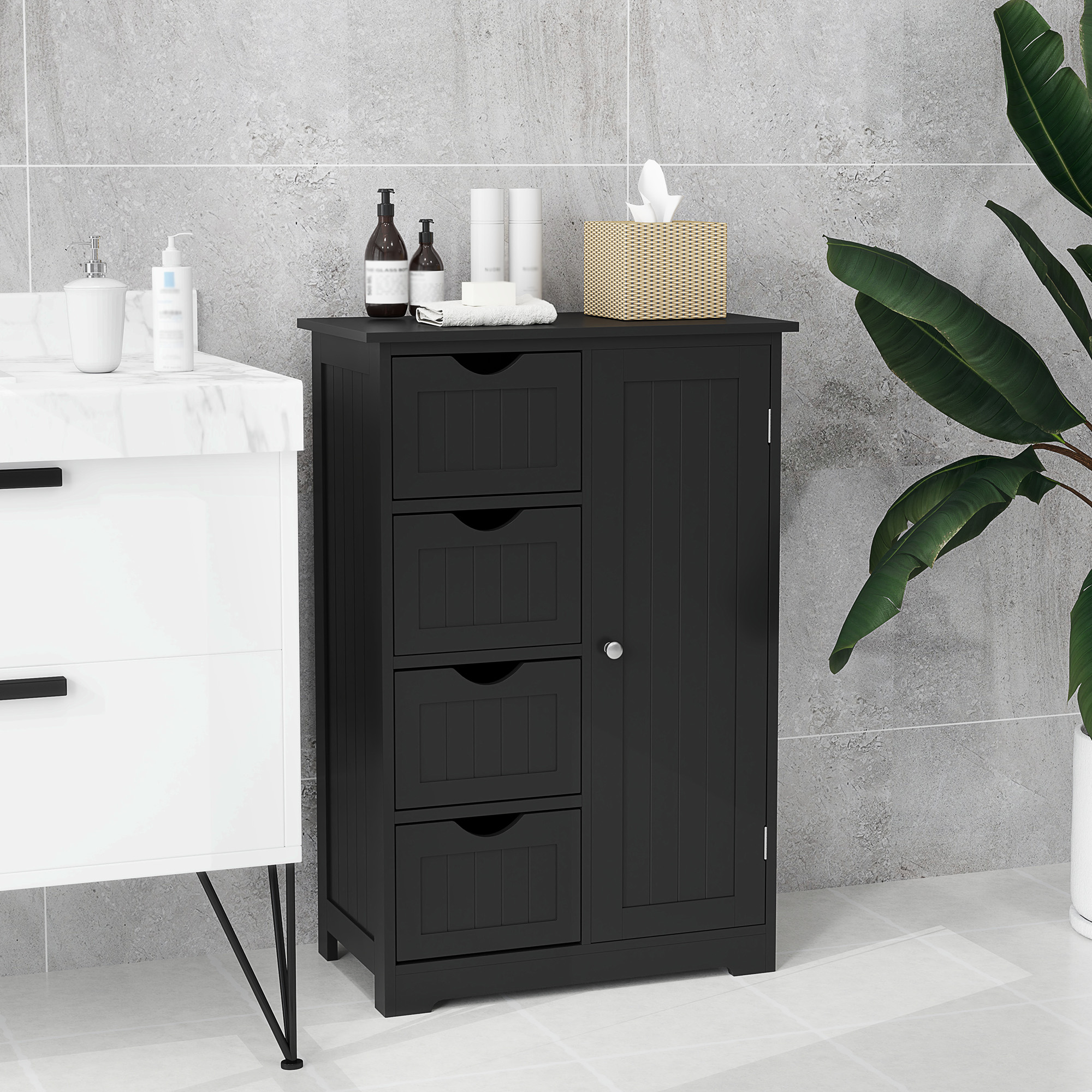 Bathroom Storage Cabinet, Floor Cabinet with Adjustable Shelf and 4 Drawers, Side Cabinet for Washroom, Black - Image 6