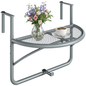 Adjustable Balcony Hanging Railing Table, Metal Mounting Mini Wall Desk Storage Rack, Outdoor Flower Stand Serving Table Half Round, Grey
