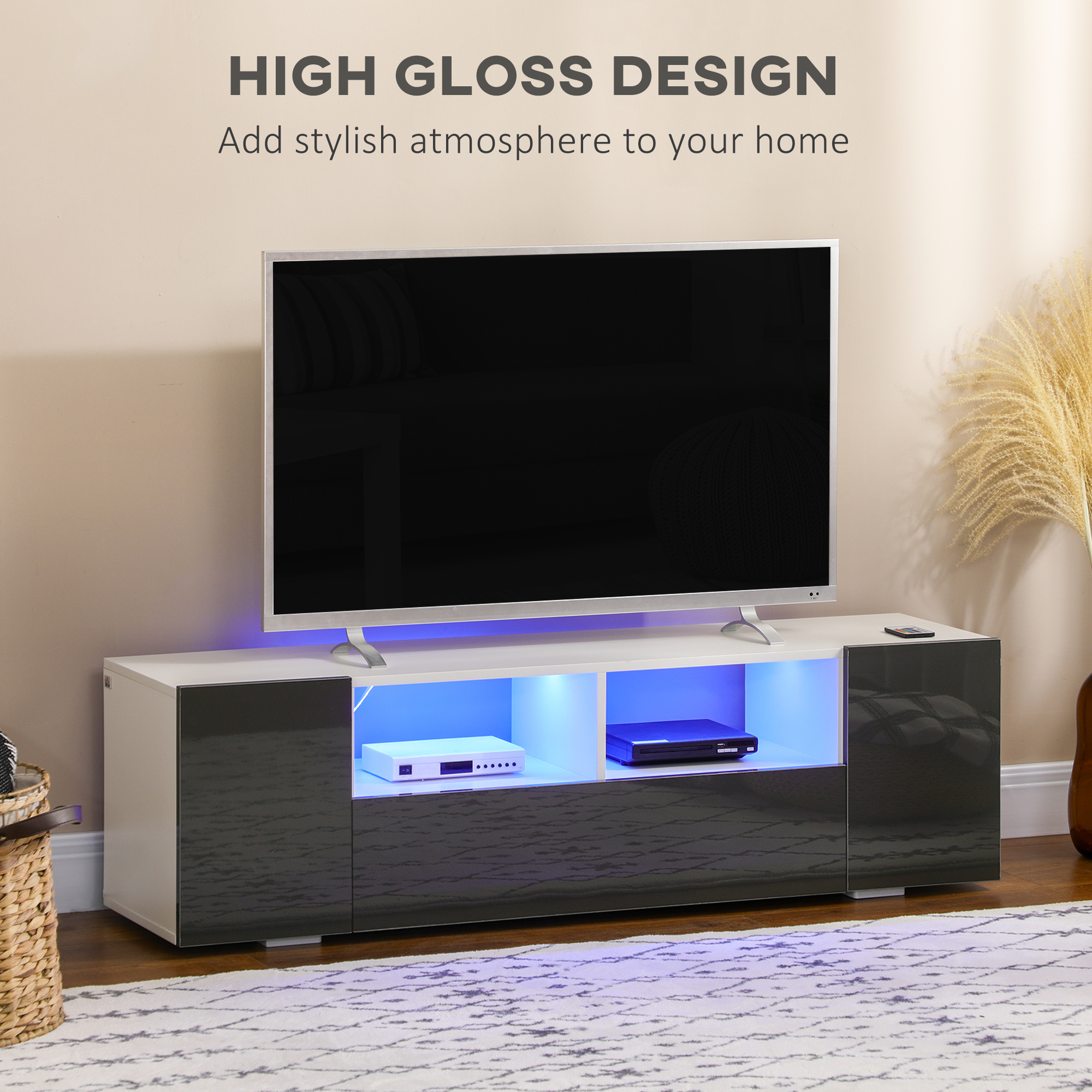 TV Stand for TVs up to 60", TV Unit with LED Lights, Storage Shelves and Cupboards, 53.9" x 13.8" x 16.5", Grey - Image 2