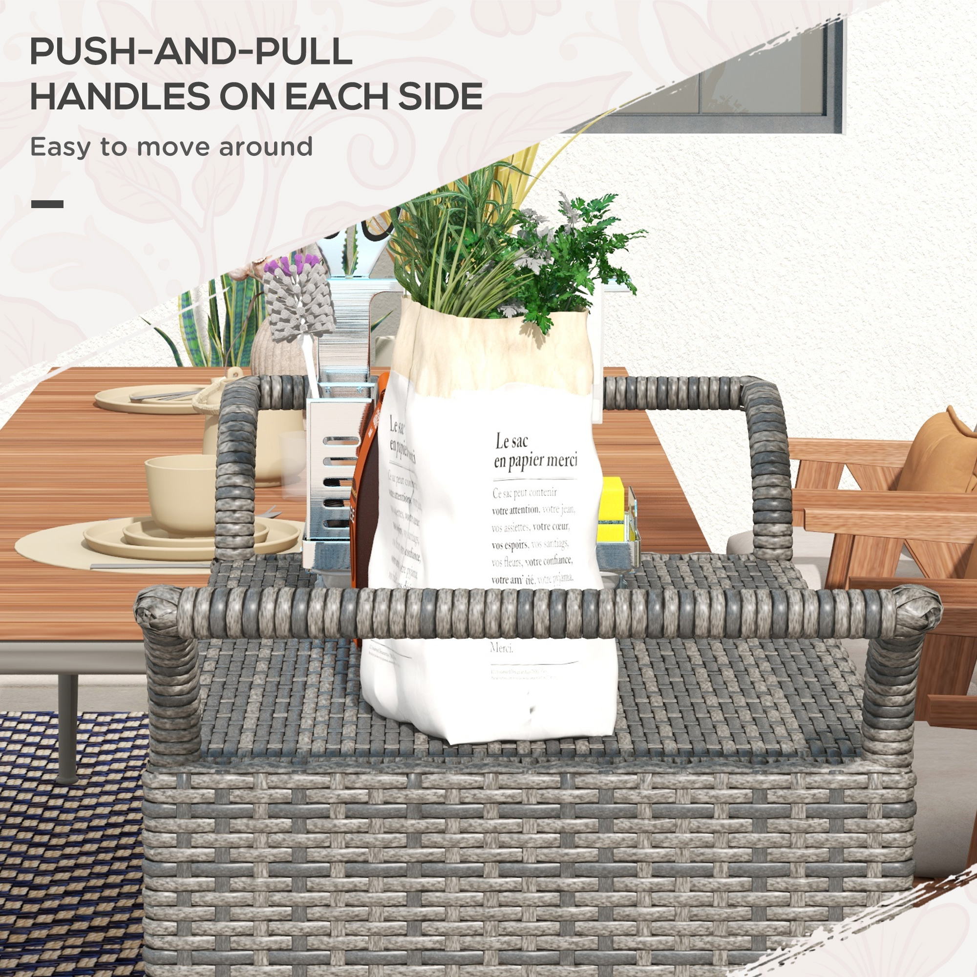 Patio PE Wicker Garden Serving Cart with 2-Tier Shelf, Outdoor Wheeled Rattan Food Cart with Drawer, Handles, for Poolside, Garden, Mixed Grey - Image 5