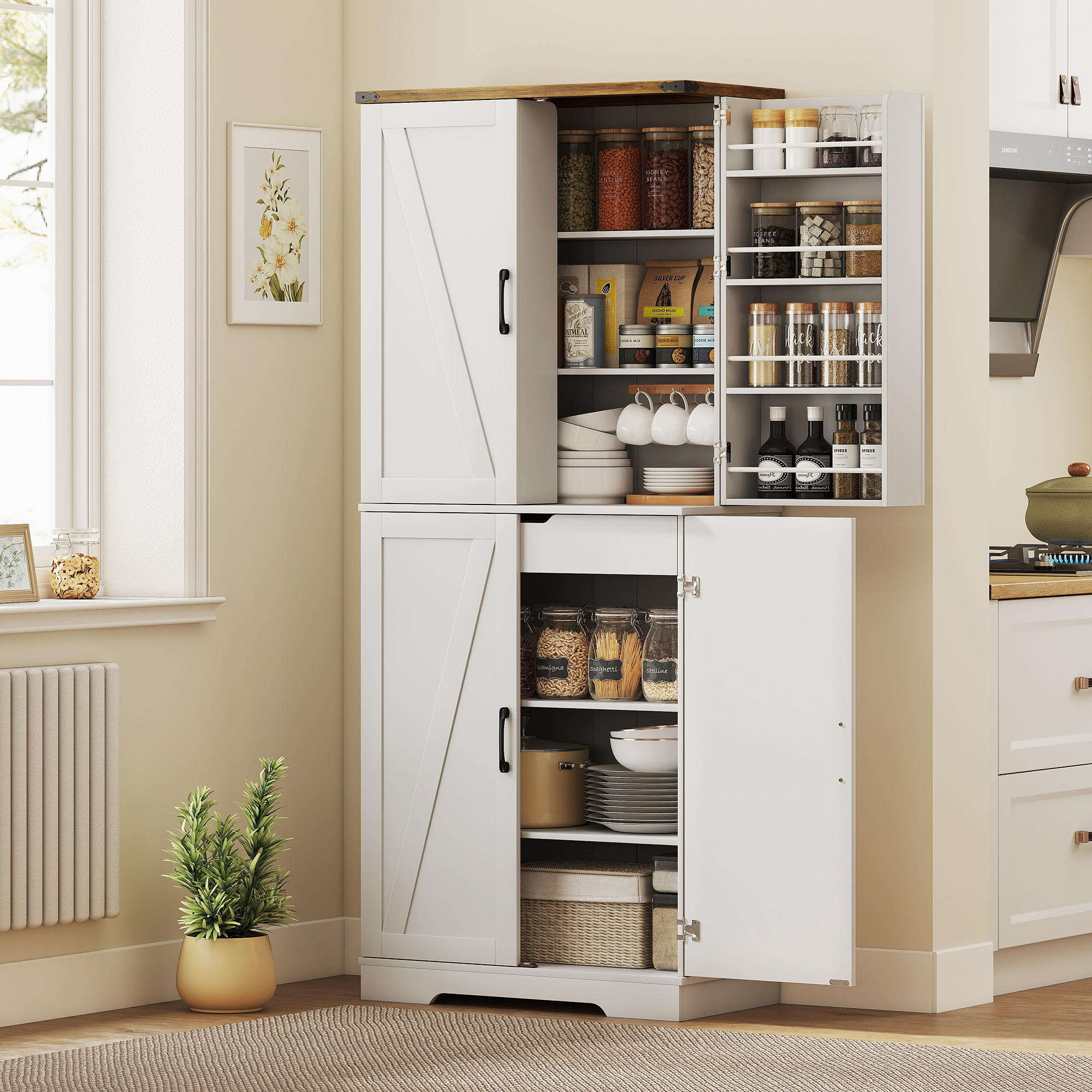 72" Kitchen Pantry Cabinet, Farmhouse Storage Cabinet with 4 Doors, Drawer, 8 Door Shelves and Adjustable Shelf, White - Image 6