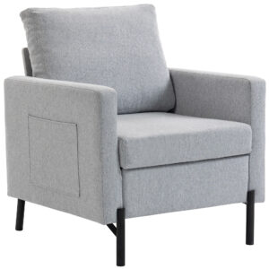 Accent Chair Modern Upholstered Armchair with Side Pockets and Cushion for Bedroom, Living Room, Light Grey