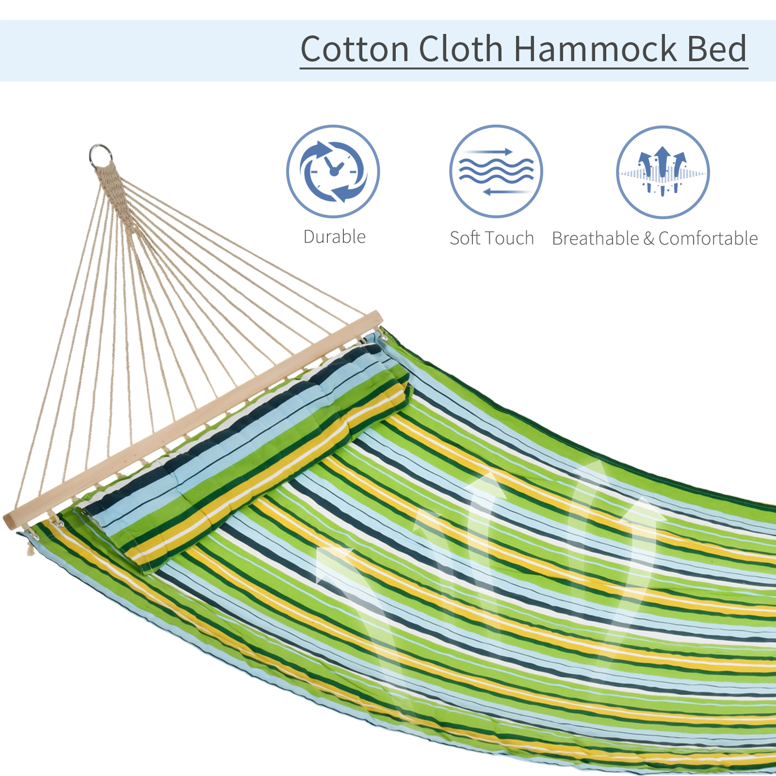 83" Patio Double Hammock, Wide Outdoor Hammock Bed Striped Fits 2 People Sunbed Camping hang Sleep w/ Pillow, White Stripe - Image 3