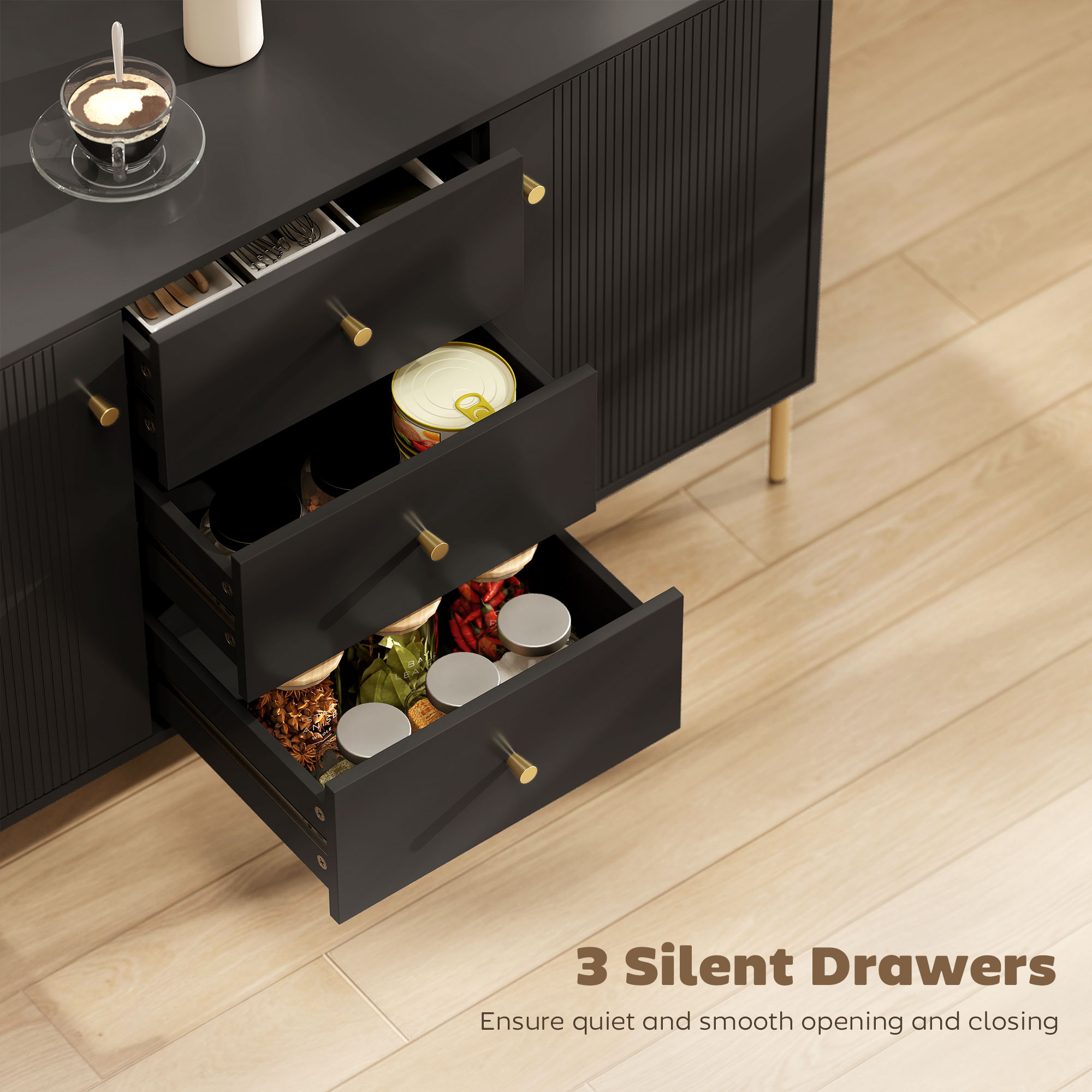 Buffet Cabinet, Modern Sideboard with 3 Soft-Close Drawers and 2 Adjustable Shelves for Living Room, Kitchen, Black - Image 2