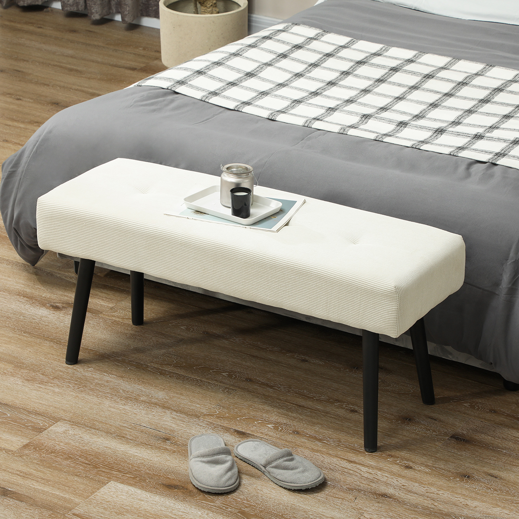 39" Upholstered Ottoman Bench, Corduroy Entryway Bedroom Bench with Padded Seat and Steel Legs for Bedroom, Cream White - Image 6