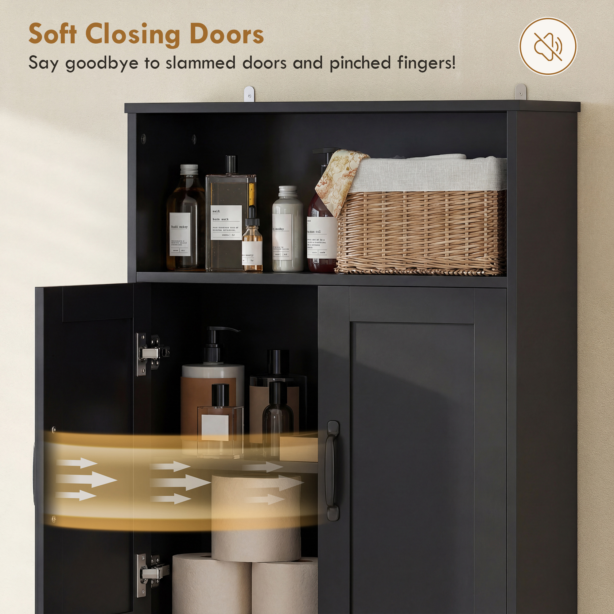 Over the Toilet Storage Cabinet Freestanding Bathroom Organizer with 2 Doors and Open Shelf Black - Image 3