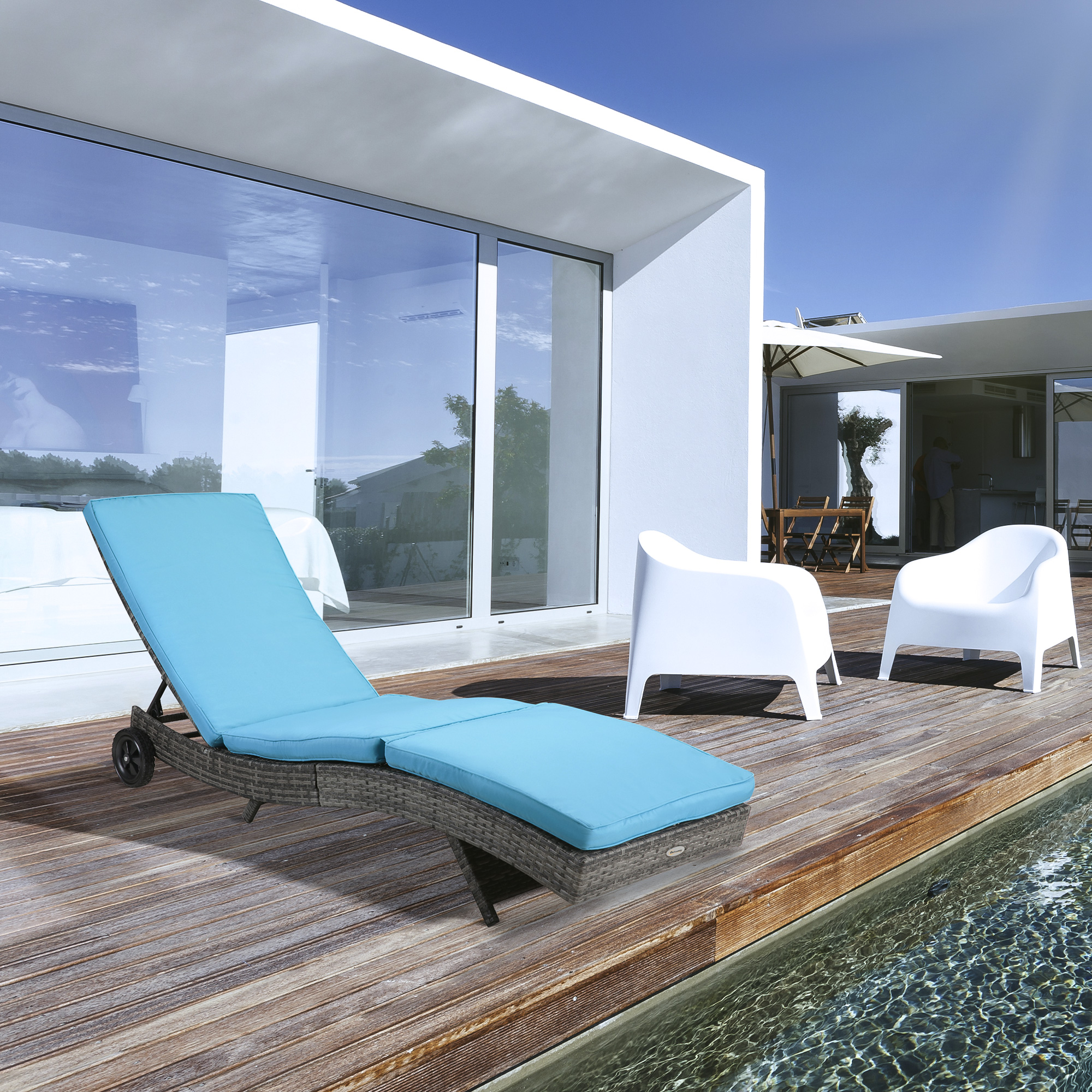 Outdoor Adjustable Wicker Chaise Lounge Chair with Cushion & Wheels for Patio, Deck, Poolside, Sky Blue - Image 6