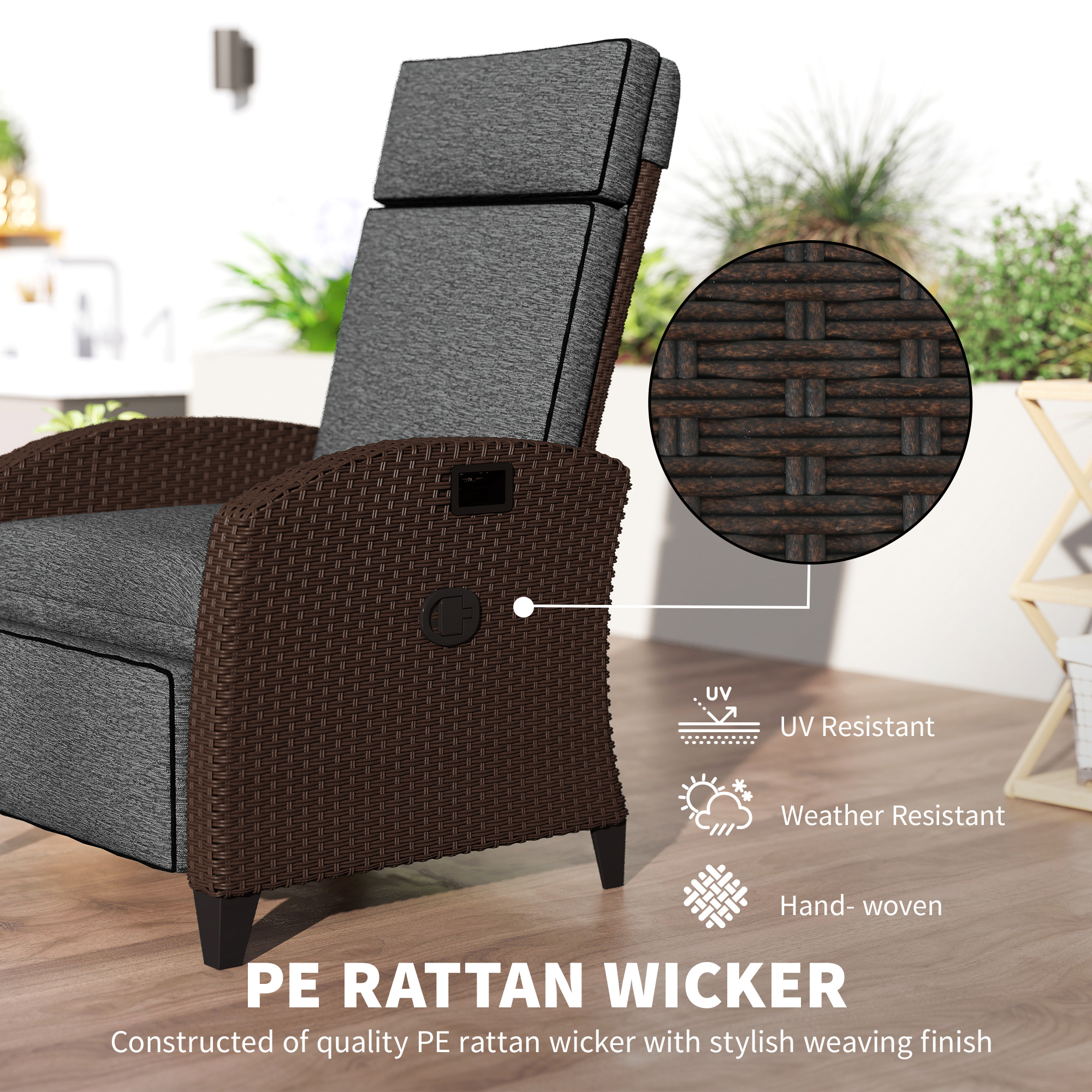 Outdoor Recliner Chair with Adjustable Backrest, Cushion, Side Tray, Dark Grey - Image 3