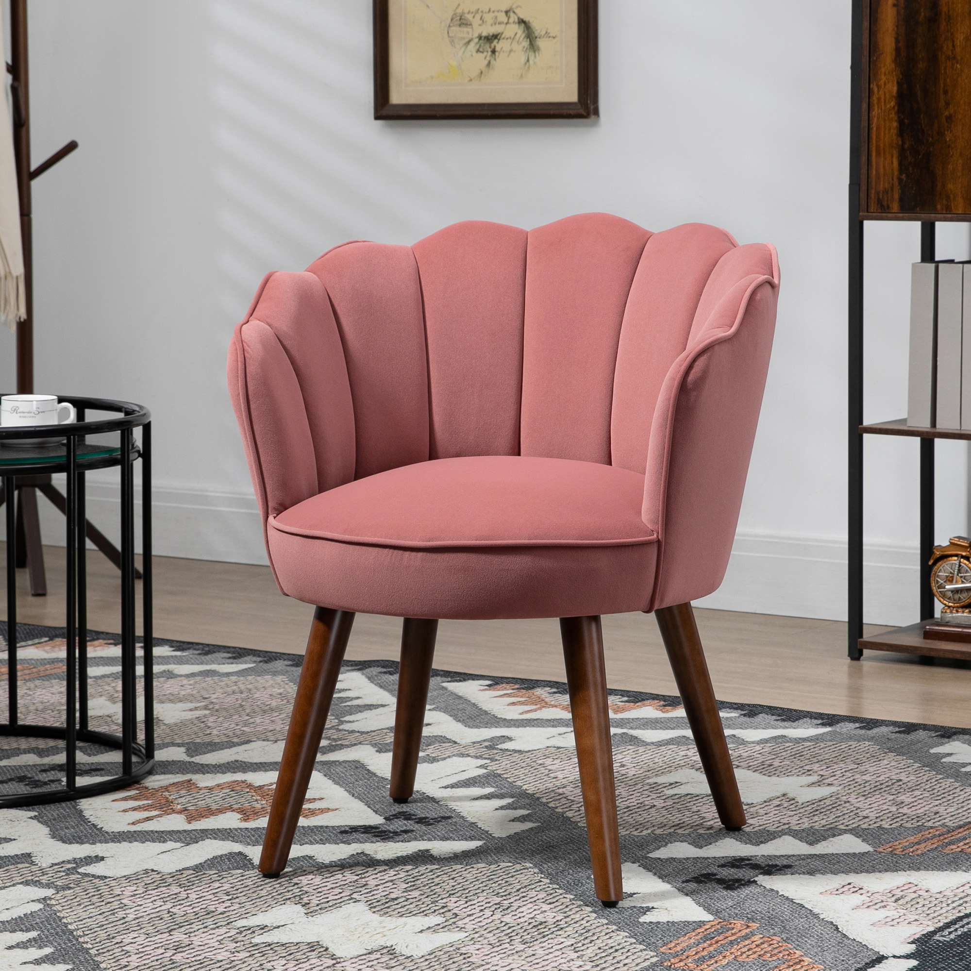 Modern Vanity Chair, Velvet-feel Fabric Leisure Accent Chair with Wood Legs for Living Room, Pink - Image 6